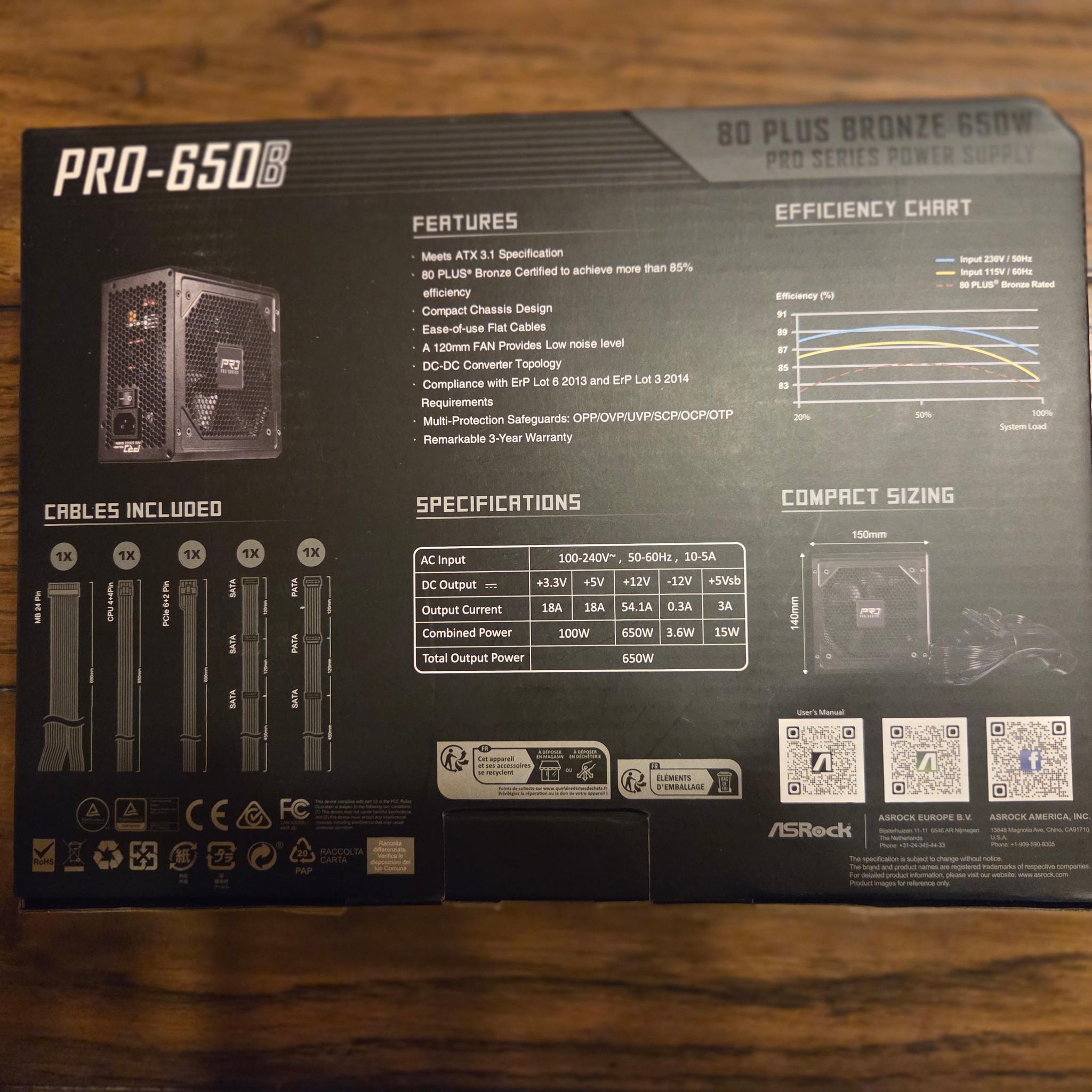 ASRock PRO Series PRO-650B 650 W ATX 3.1 Compatible 80 PLUS BRONZE Certified Power Supply