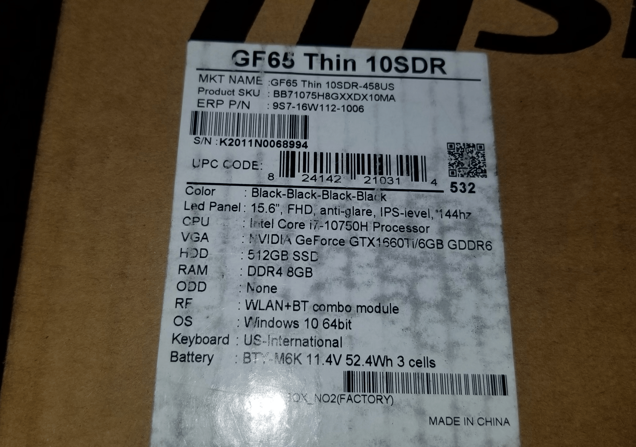 Intel i7 10750h Gtx 1660 TI 8 gb ddr4 it's in good condition  works 100 present 
