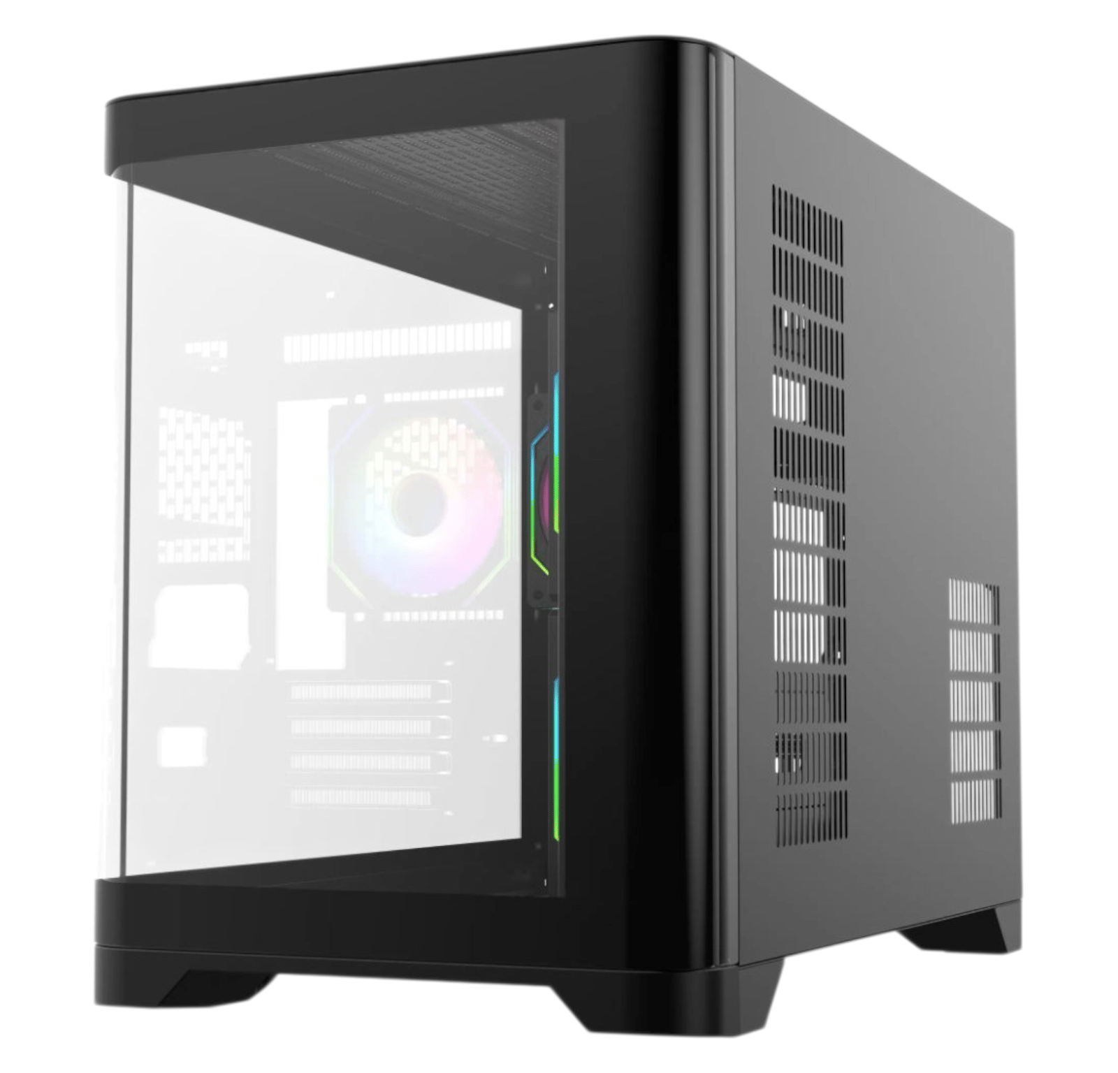Sleek Black MATX Gaming PC Case – Curved Tempered Glass | Includes 6-Port Hub | High Airflow