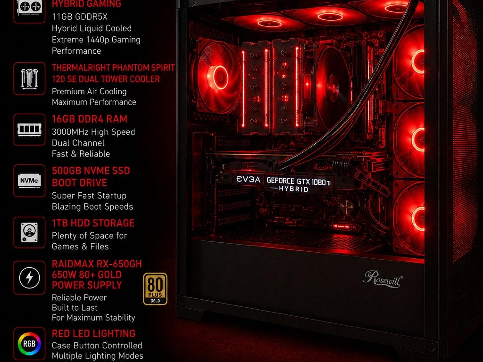 Gaming PC Ryzen 7 3800X GTX 1080 Ti Hybrid 11GB 16GB RAM 500GB NVMe + 1TB HDD