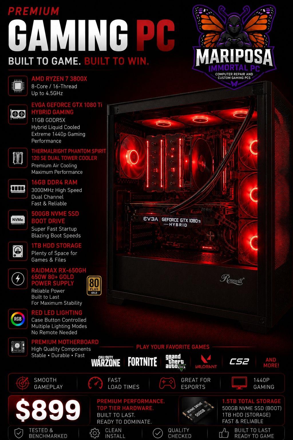 Gaming PC Ryzen 7 3800X GTX 1080 Ti Hybrid 11GB 16GB RAM 500GB NVMe + 1TB HDD