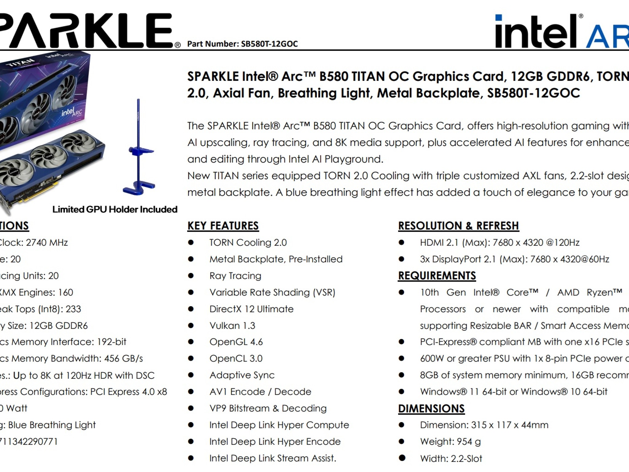 Used Mint - SPARKLE Intel Arc B580 TITAN OC