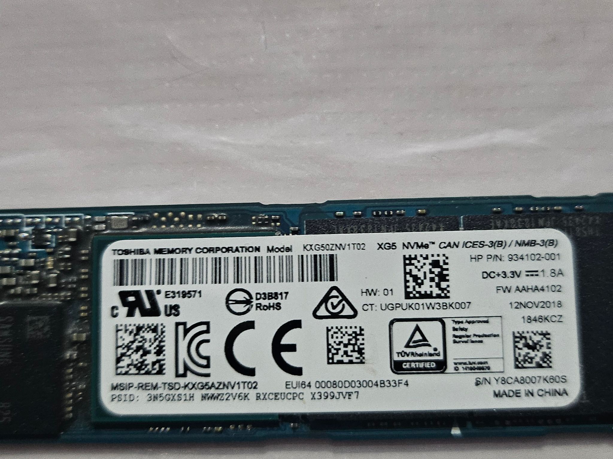 Toshiba XG5 1TB NVMe M.2 SSD (KXG50ZNV1T02) PCIe Gen3 SSD - 66% Health