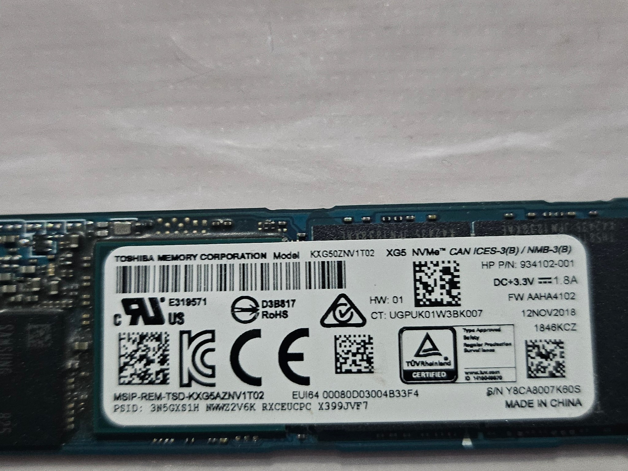 Toshiba XG5 1TB NVMe M.2 SSD (KXG50ZNV1T02) PCIe Gen3 SSD - 66