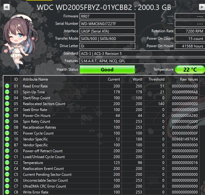 WD Gold 2TB Data Center HDD – 7200RPM 128MB Cache SATA – WD2005FBYZ – Good SMART