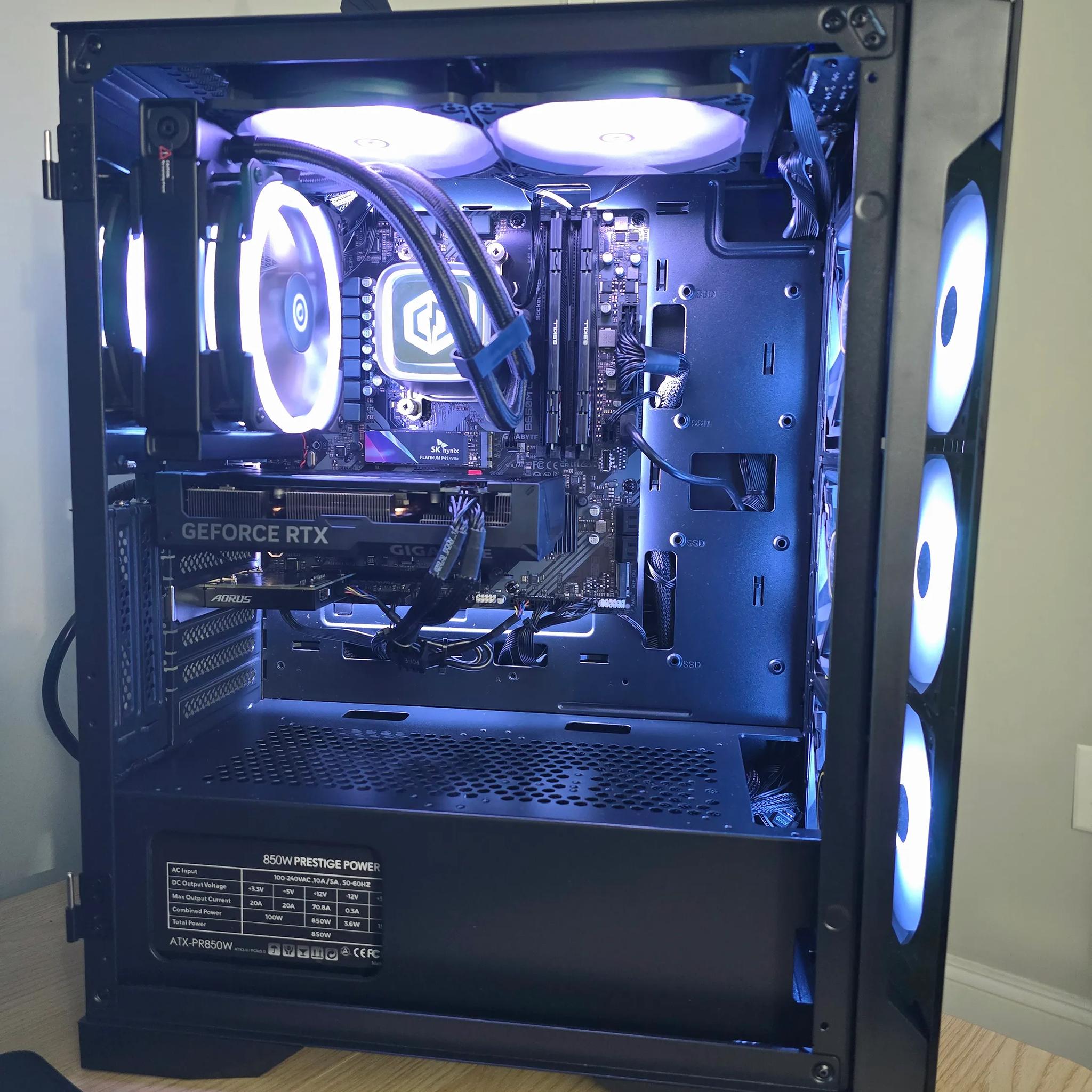 Ryzen 7 7700X, RTX 4060Ti 16GB, 32 GB DDR5-6000, 1TB SSD, 850W 80 plus ATX PSU, AIO CPU Cooled