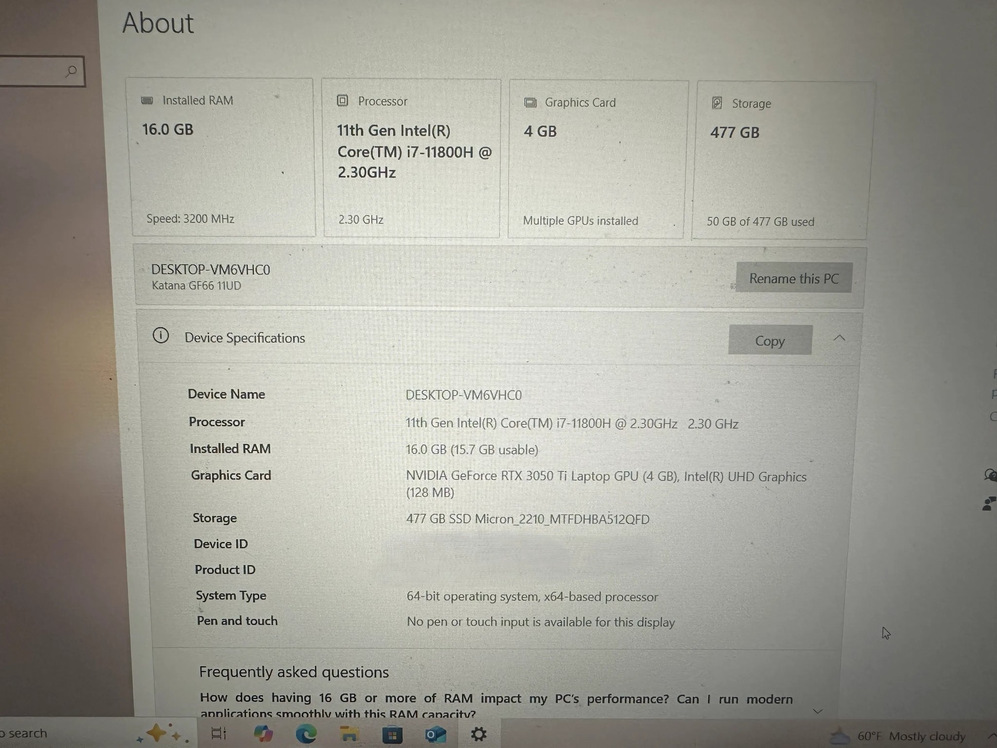 MSI Katana GF66 11UD 15.6" RTX™ 3050Ti