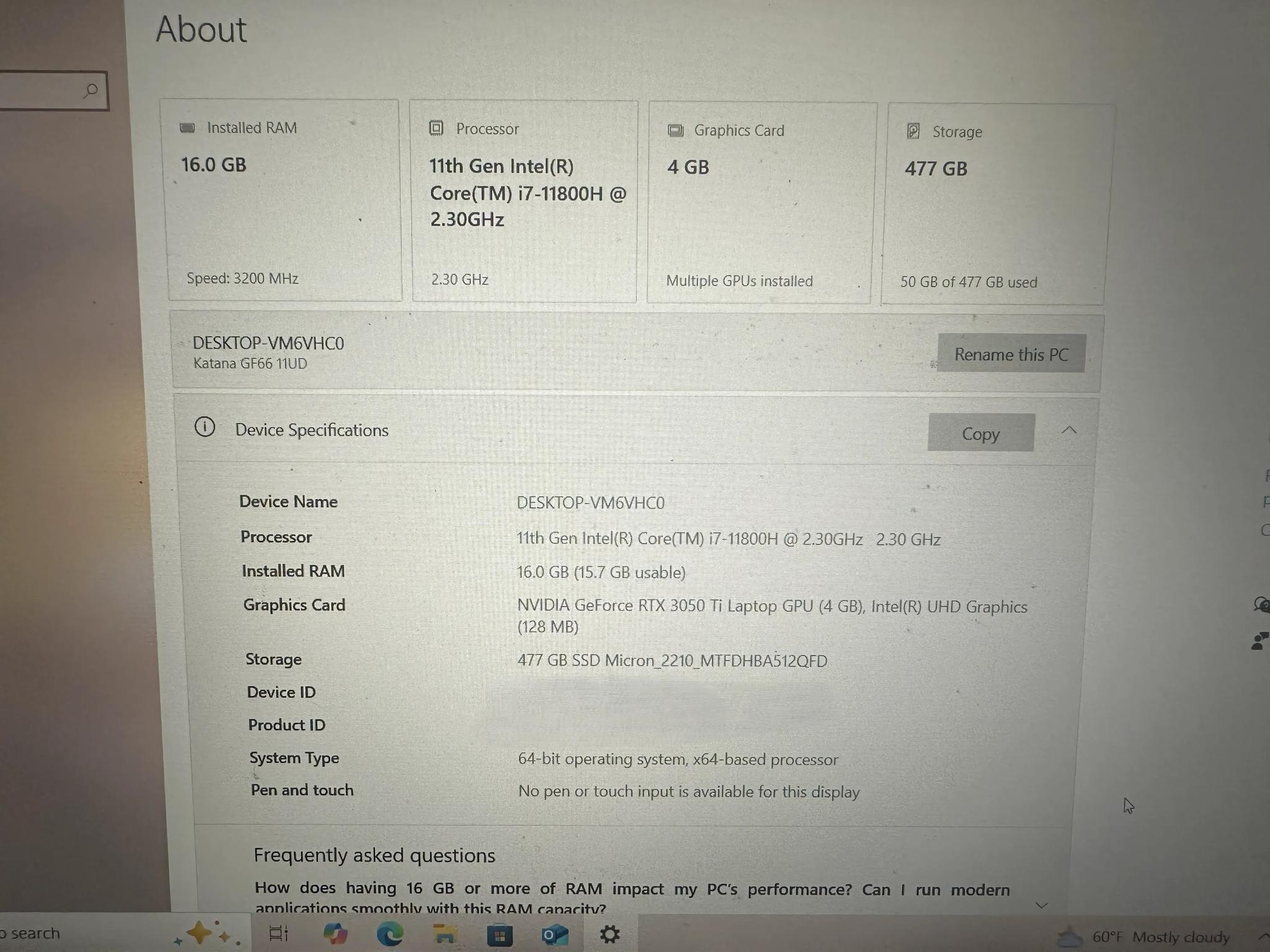 MSI Katana GF66 11UD 15.6" RTX™ 3050Ti
