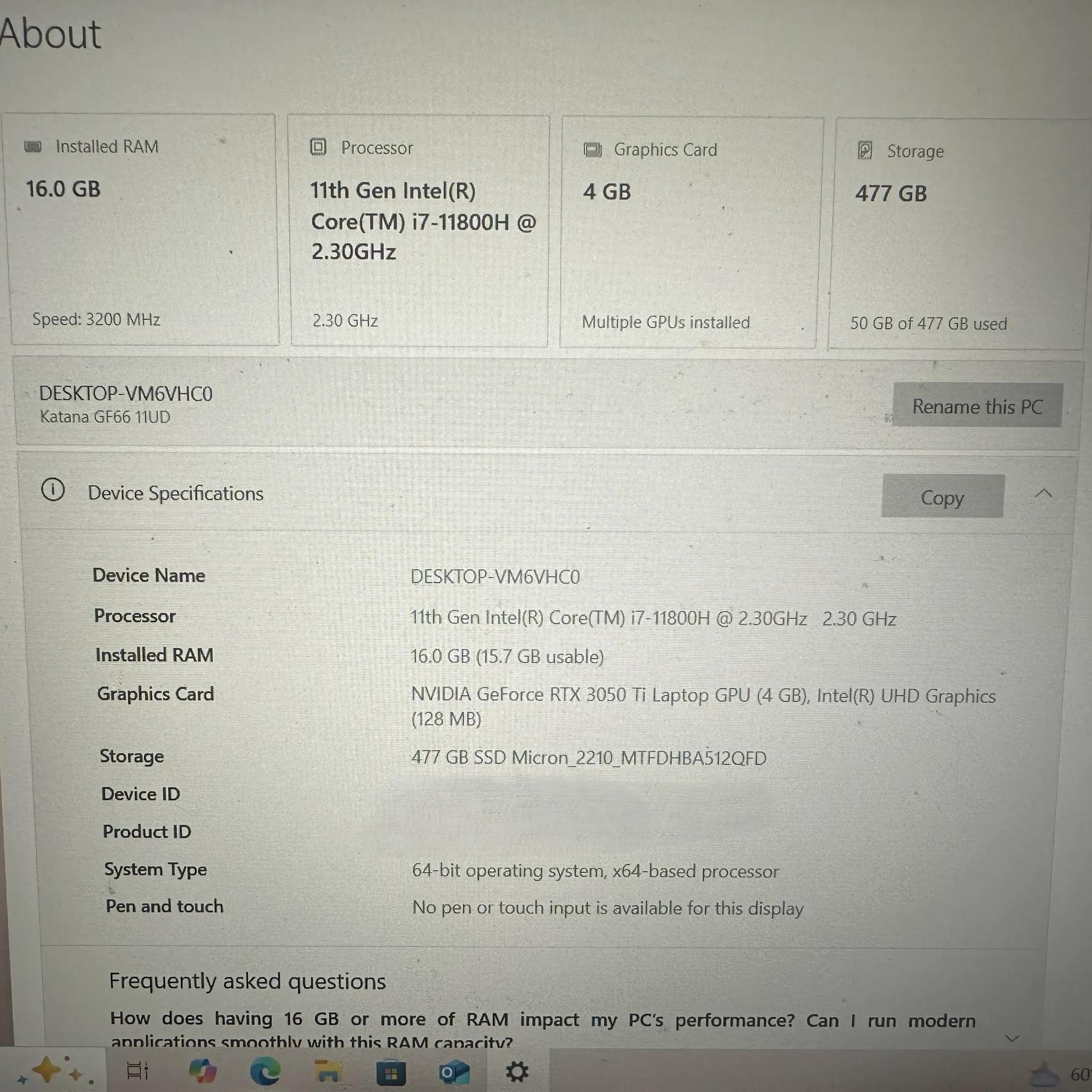 MSI Katana GF66 11UD 15.6" RTX™ 3050Ti