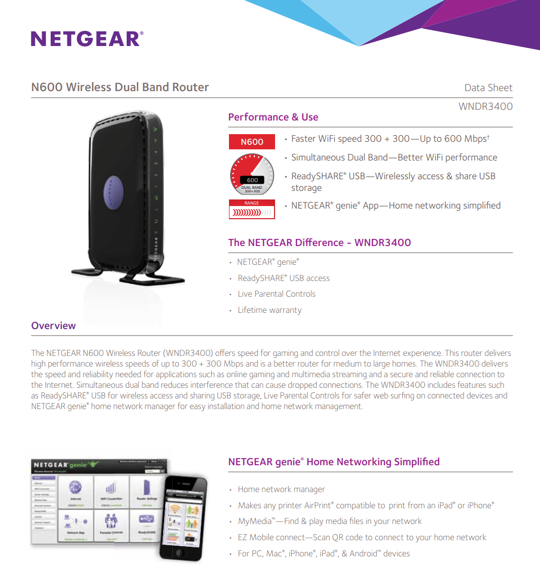 NETGEAR WNDR3400v2-100NAS N600 DUAL BAND WI-FI ROUTER