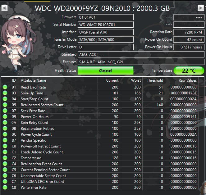 WD Se 2TB WD2000F9YZ 7200RPM Enterprise SATA HDD – 37,217 Hours – Good SMART