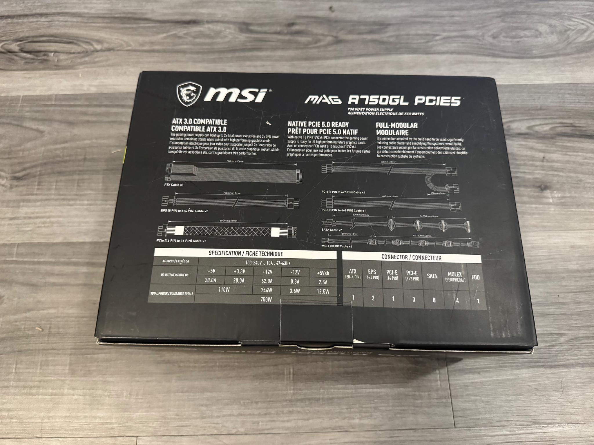 MSI A750GL PCIE5 750w Power Supply