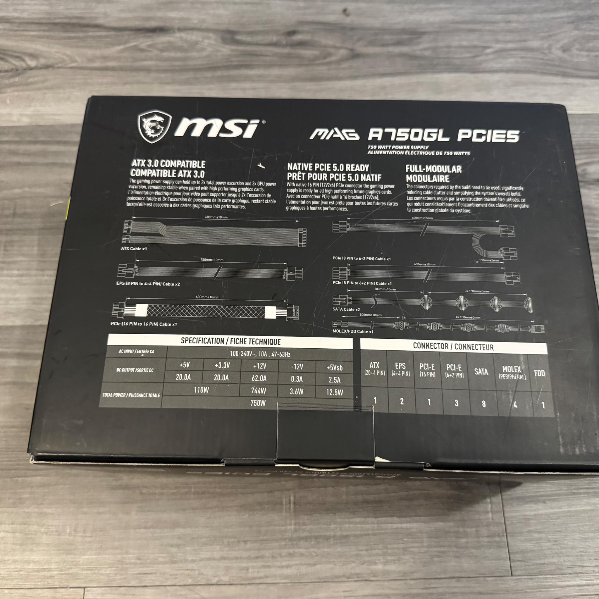 MSI A750GL PCIE5 750w Power Supply
