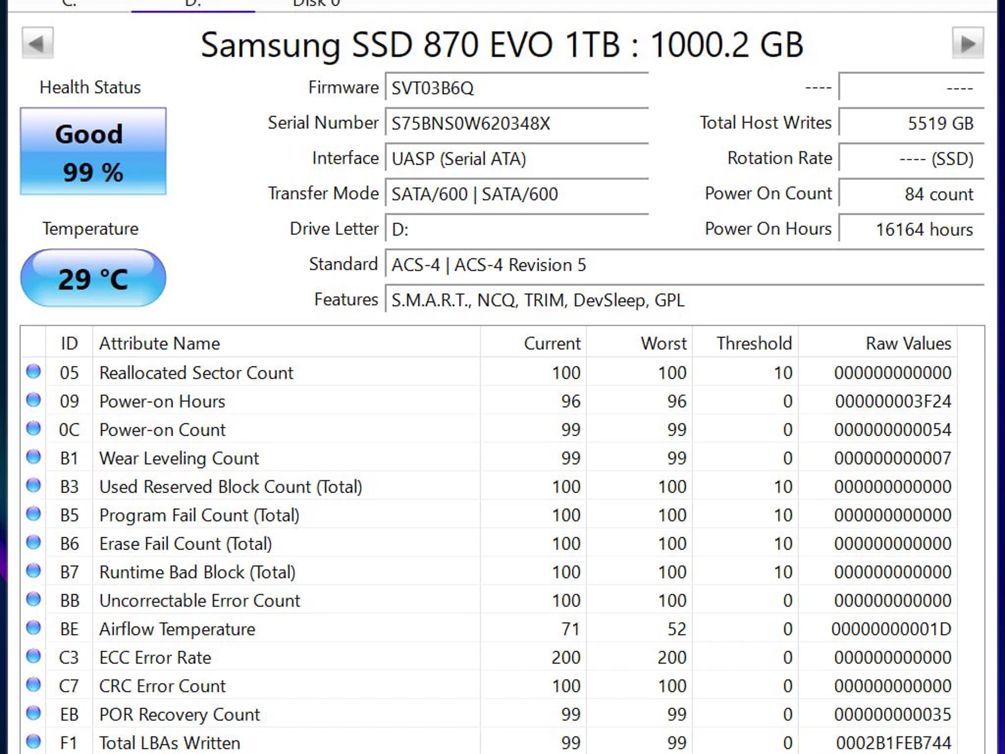 Samsung 870 EVO 1TB SATA SSDs - 99-100% Health