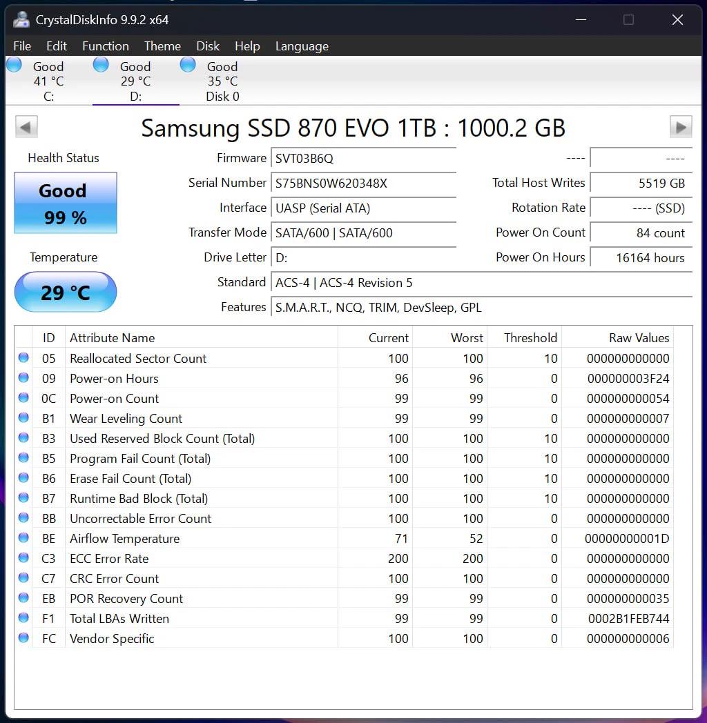 Samsung 870 EVO 1TB SATA SSDs - 99-100% Health