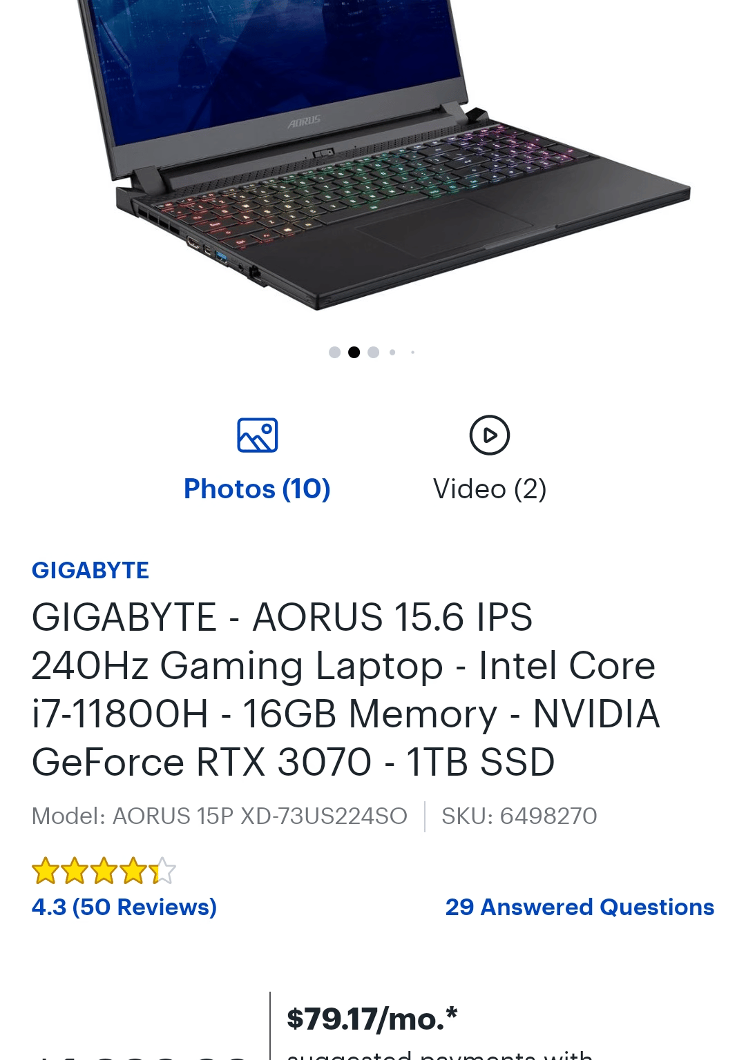 Gigabyte Aorus 15.6 IPS 240Hz Gaming Laptop - I7 - RTX 3070 