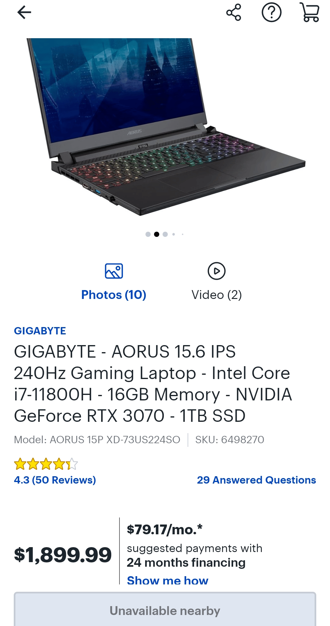 Gigabyte Aorus 15.6 IPS 240Hz Gaming Laptop - I7 - RTX 3070 