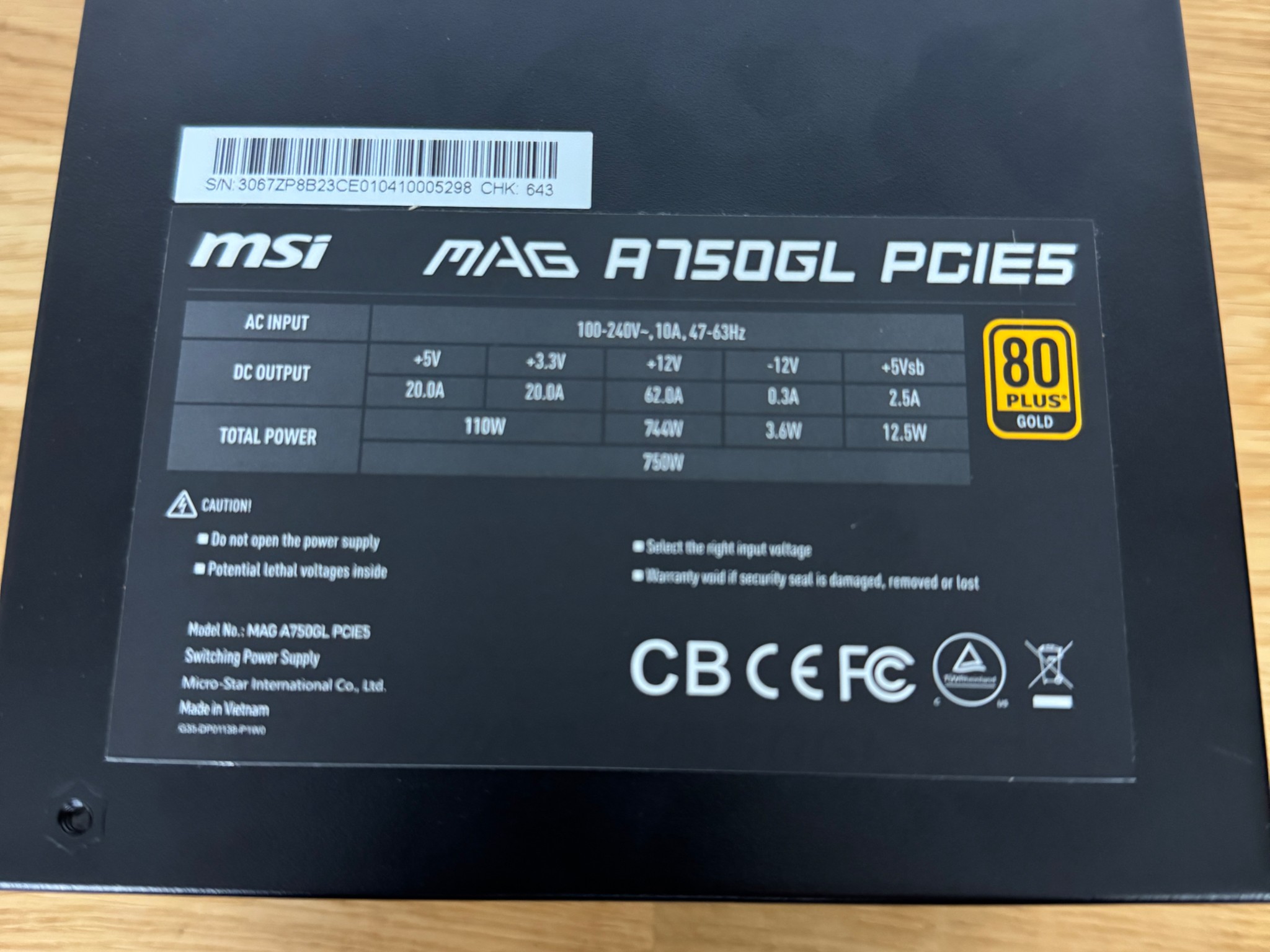 MSI MAG A750GL PCIE5 Power Supply ATX 80 Plus Gold-certified 750W PSU