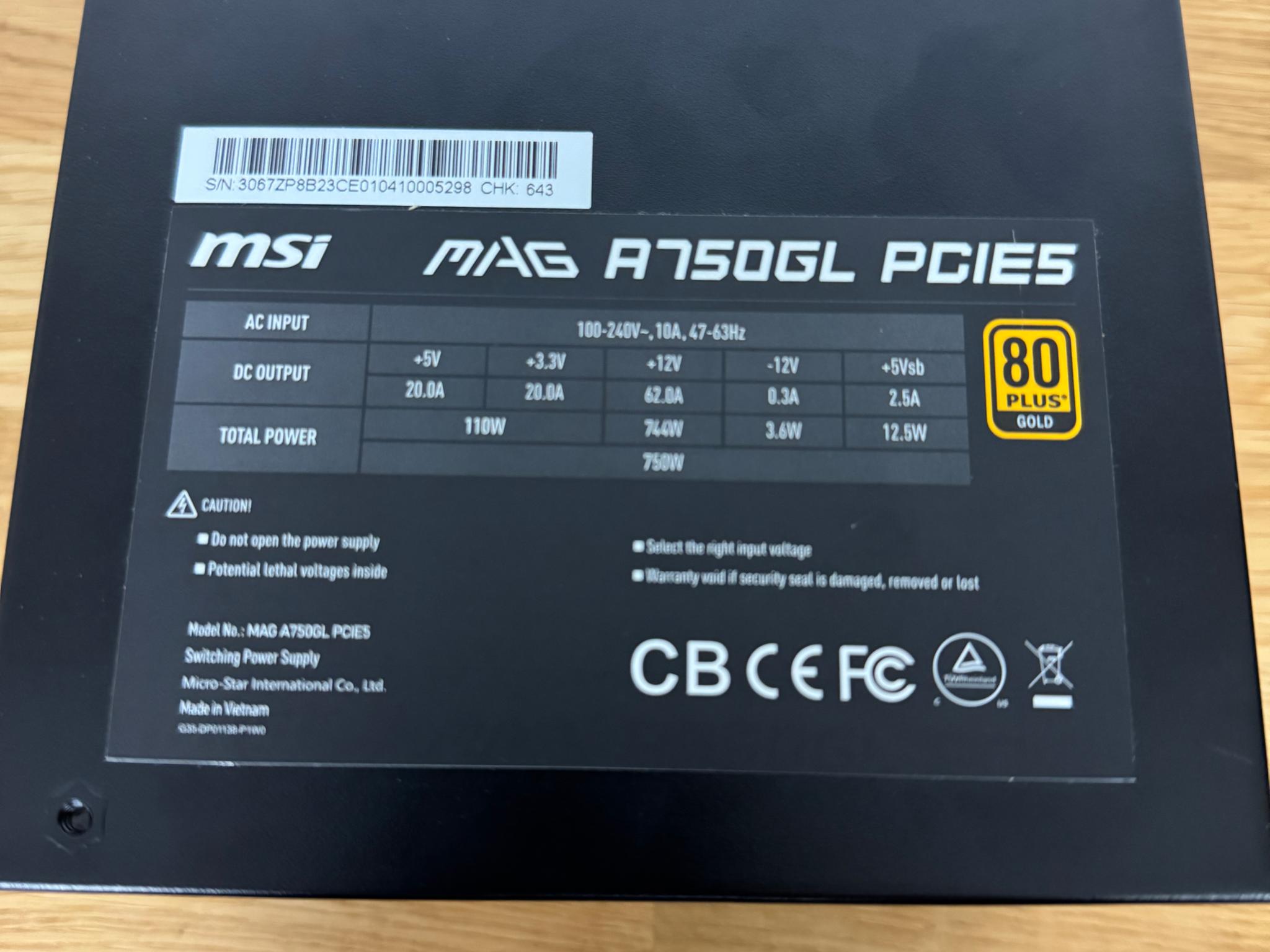 MSI MAG A750GL PCIE5 Power Supply ATX 80 Plus Gold-certified 750W PSU
