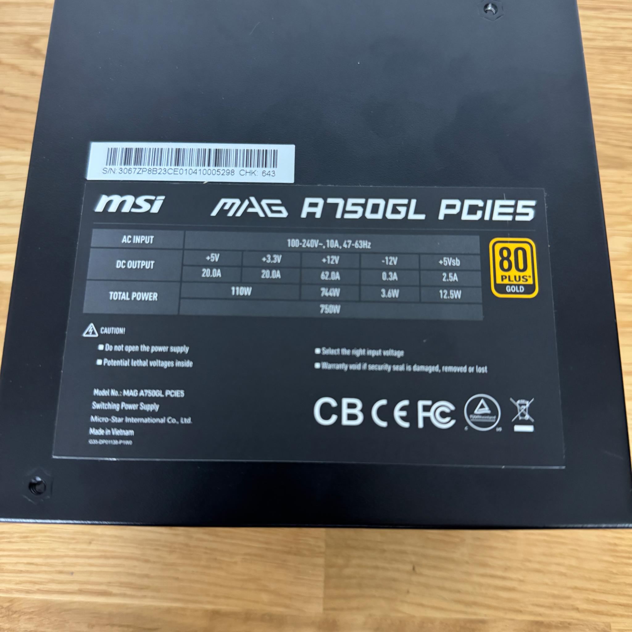 MSI MAG A750GL PCIE5 Power Supply ATX 80 Plus Gold-certified 750W PSU