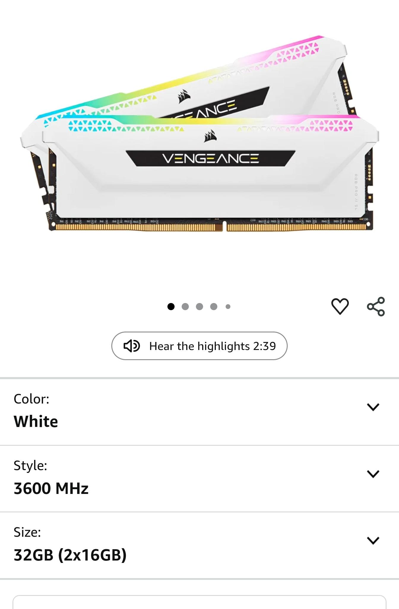 CORSAIR VENGEANCE RGB PRO SL DDR4 RAM 32GB (2x16GB) 3600MHz