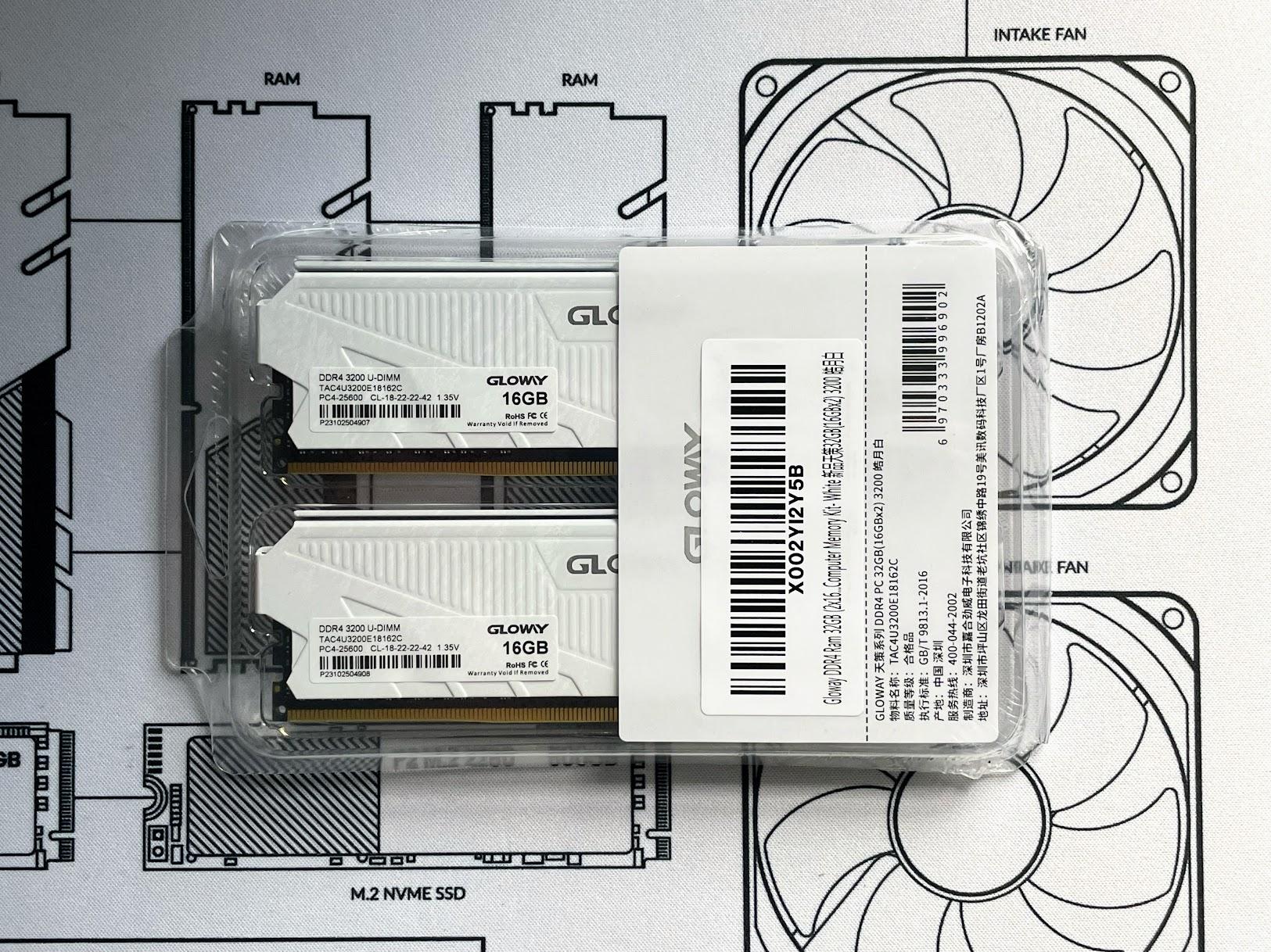 BNIB Gloway 32GB Kit (2x16GB) 3200 MHz DDR4 CL18-22-22-42 @ 1.35V RAM Memory - White