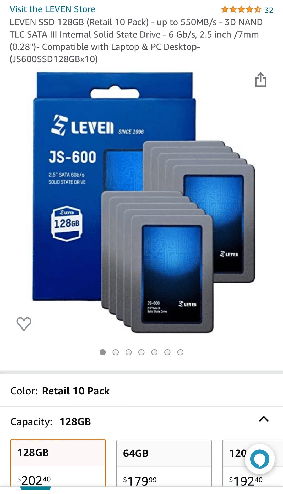 Leven 128GB x 10pack - 3D NAND TLC SSD - Retail Packaging