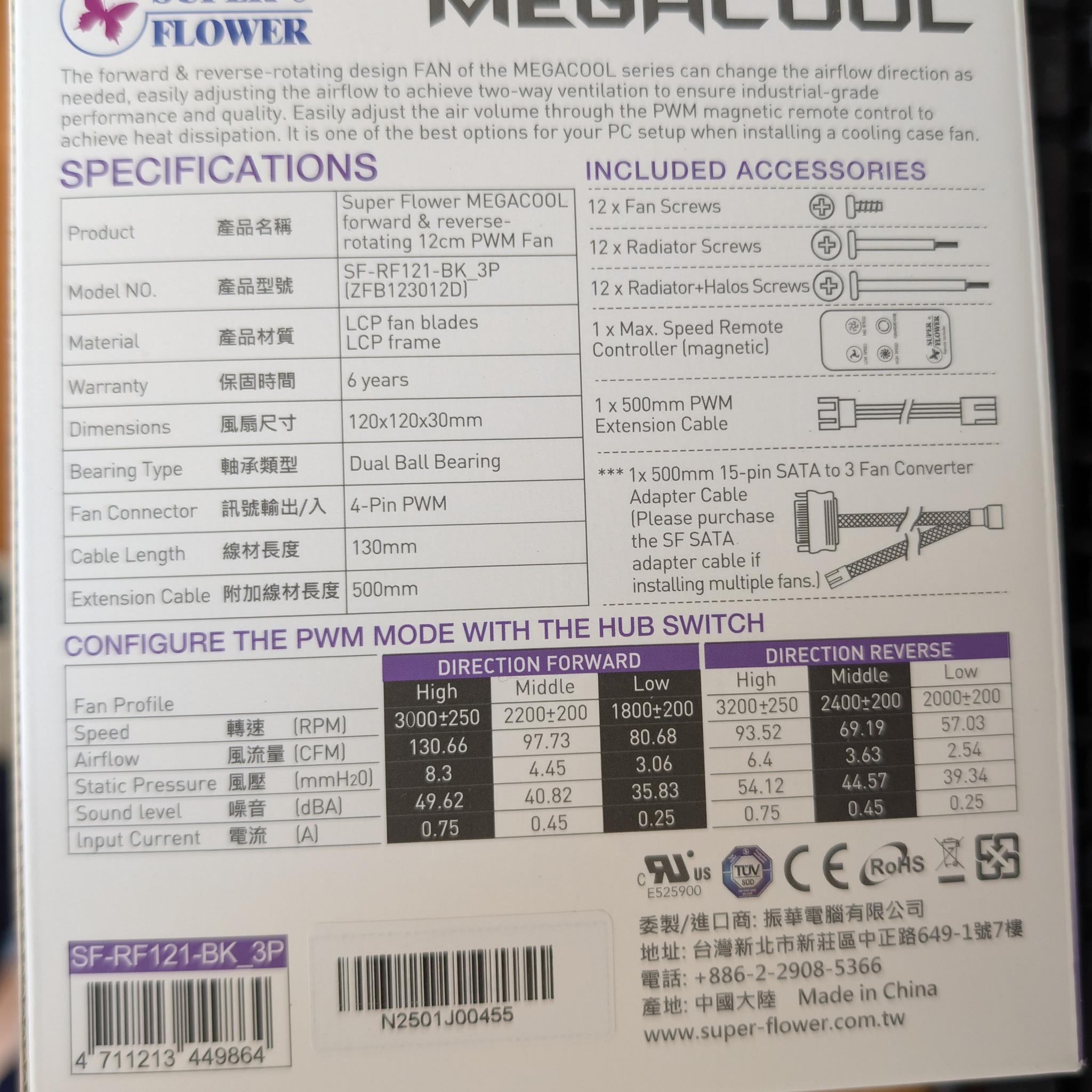 [BNIB] Super Flower MEGACOOL 3-Pack: 120mm, 30mm Thick, LCP(Noctua-Grade), Forward/Reverse