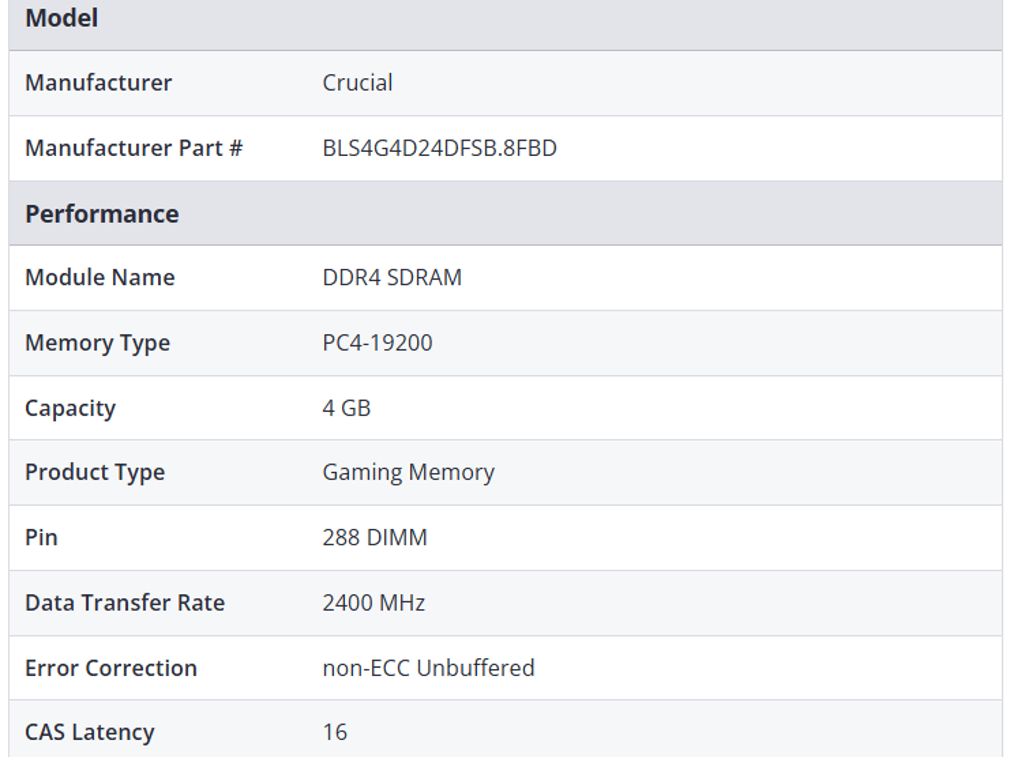 Crucial 4GB PC4-19200 DDR4-2400MHz