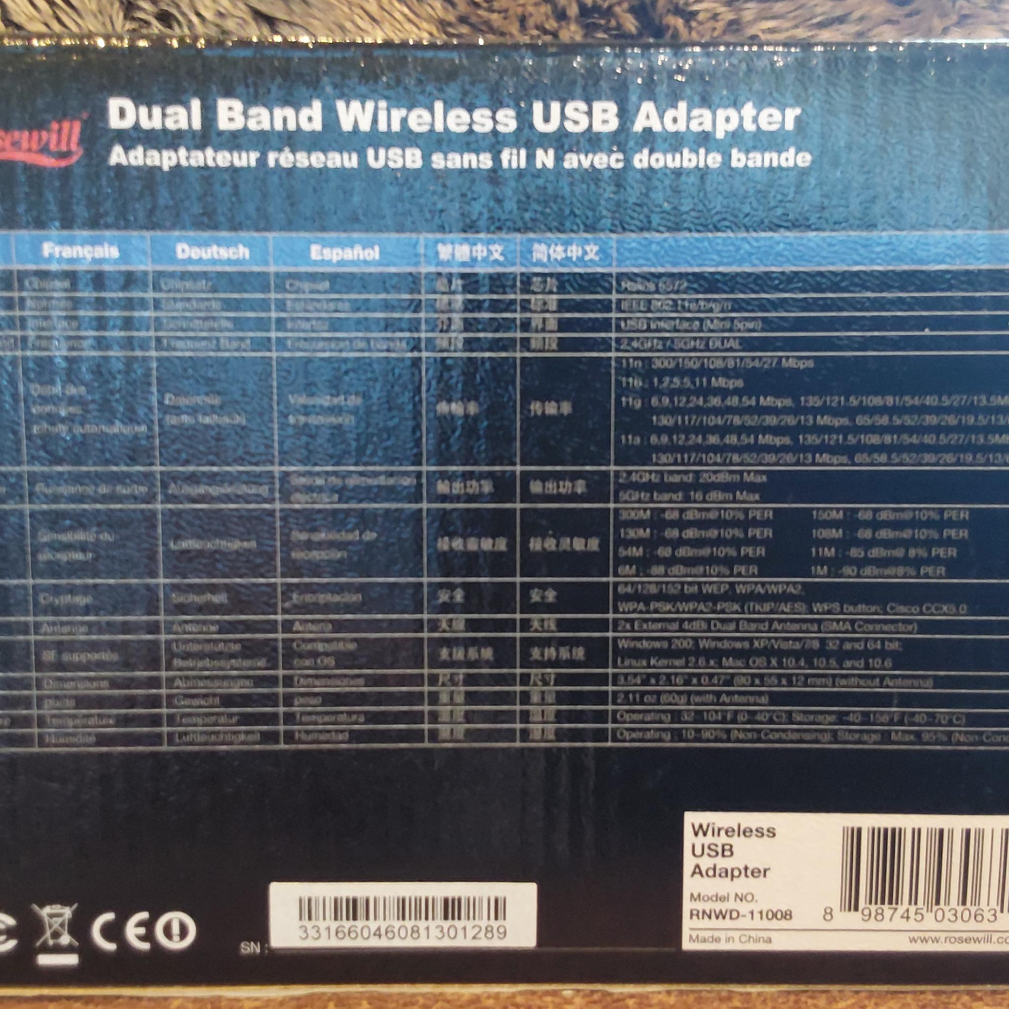 Rosewill RNX-N600UBE Dual-Band WiFi USB WIRELESS ADAPTER