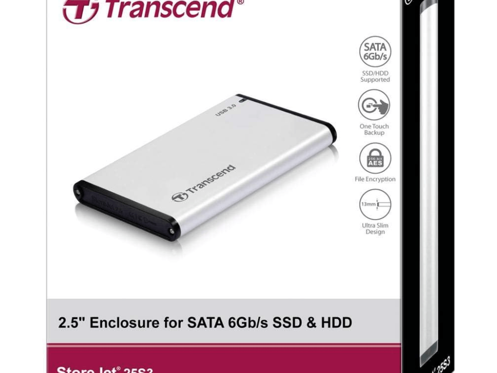 NEW TRANSCEND 2.5” SSD/HDD EXTERNAL ALUMINIUM ENCLOSURE, USB 3.0, One Touch Backup