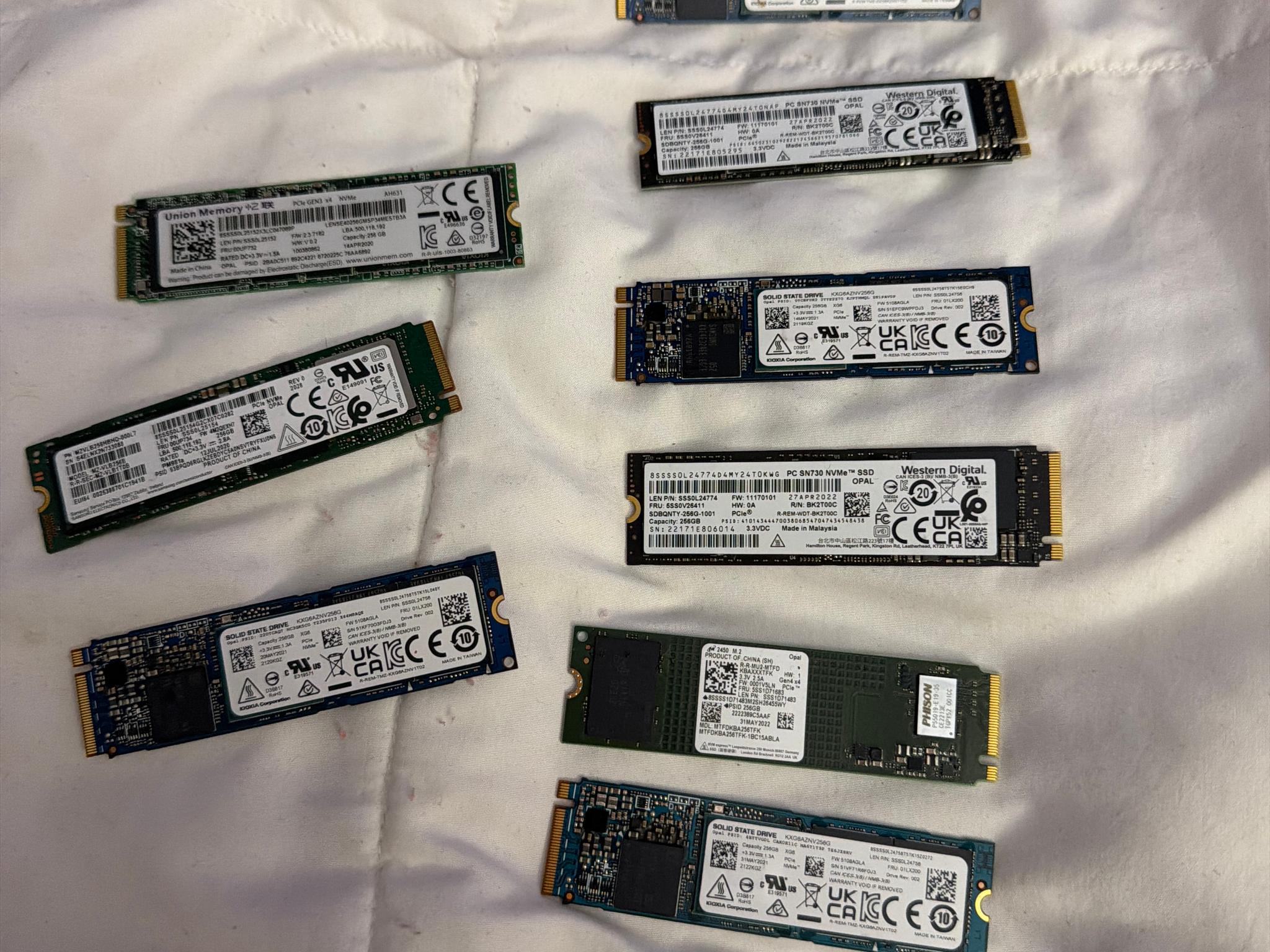 Micron/Samsung/Kioxia/WD/Union Memory Various 256GB Gen4 and Gen4 Nvme SSDs