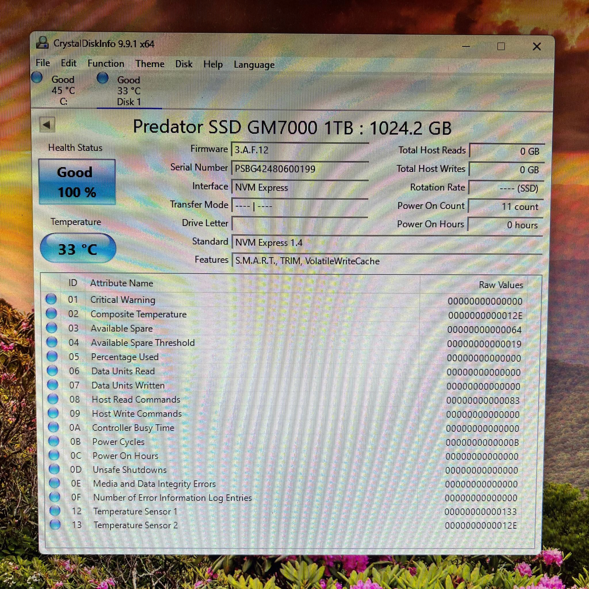 1TB PCIe Gen 4.0x4.0 M.2 NVMe SSD Acer Predator GM7000 with DRAM Cache - 100% Health