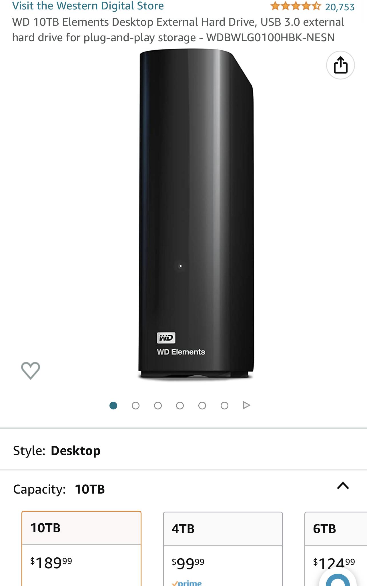 WD 10TB Elements Desktop External Hard Drive