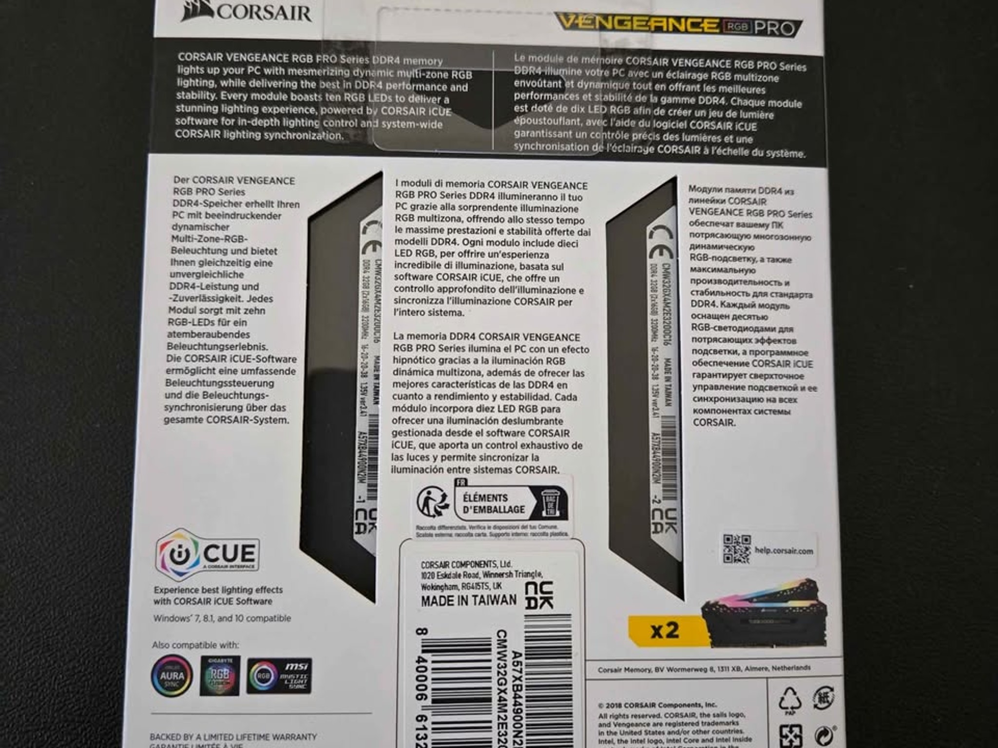BNIB - VENGEANCE RGB PRO 32GB (2 x 16GB) DDR4 DRAM 3200MHz C16 Memory Kit