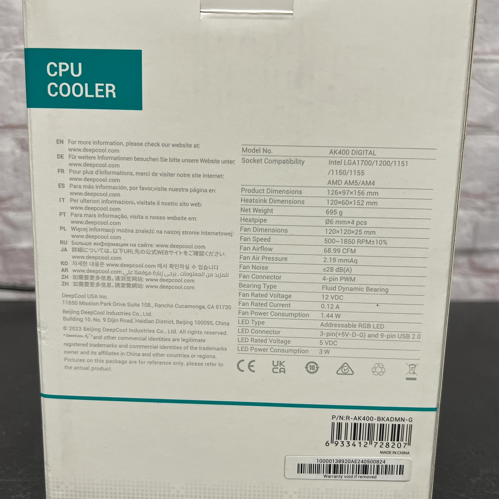 DeepCool AK400 Digital CPU Cooler with Status Display and ARGB LED Strips 120mm Fan - New