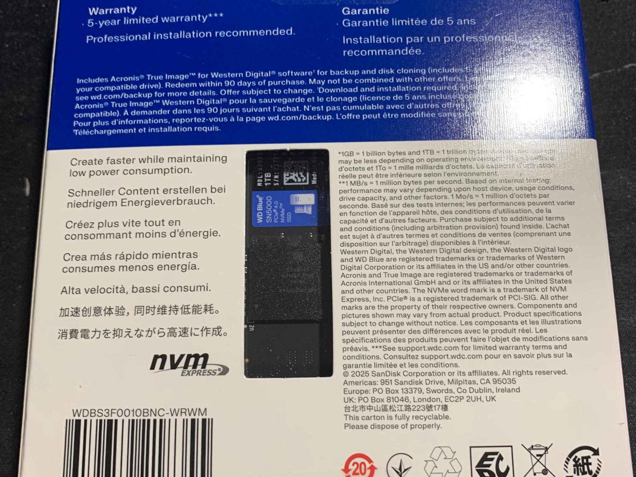 WD Western Digital Blue SN5000 1TB NVMe SSD Solid State Drive NEW