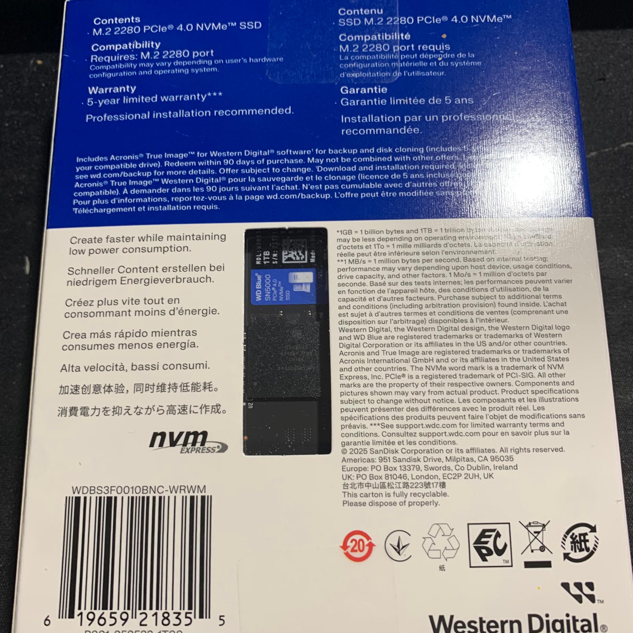 WD Western Digital Blue SN5000 1TB NVMe SSD Solid State Drive NEW