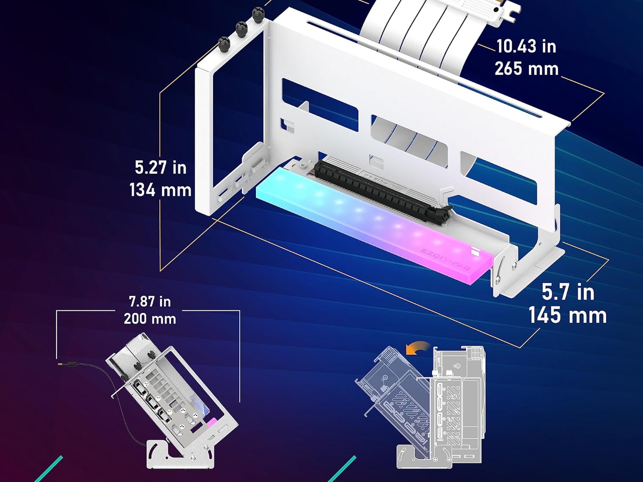 EZDIY-FAB PCIe 4.0 GPU Mount Bracket w ARGB LED Module White Nvidia AMD RTX RX XT Adjustable angle