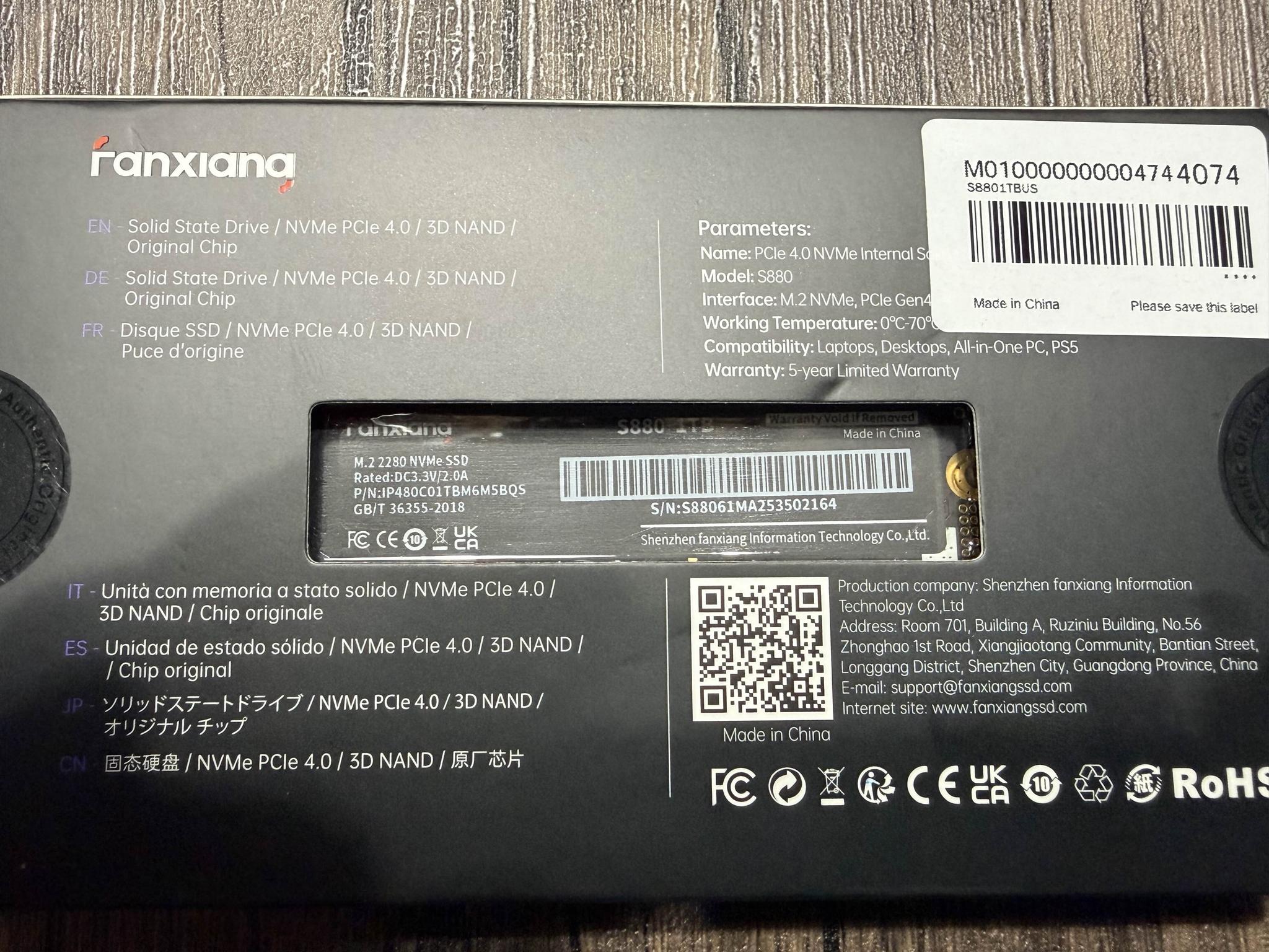 Fanxiang S880 1TB Gen 4x4 NVMe M.2 ssd