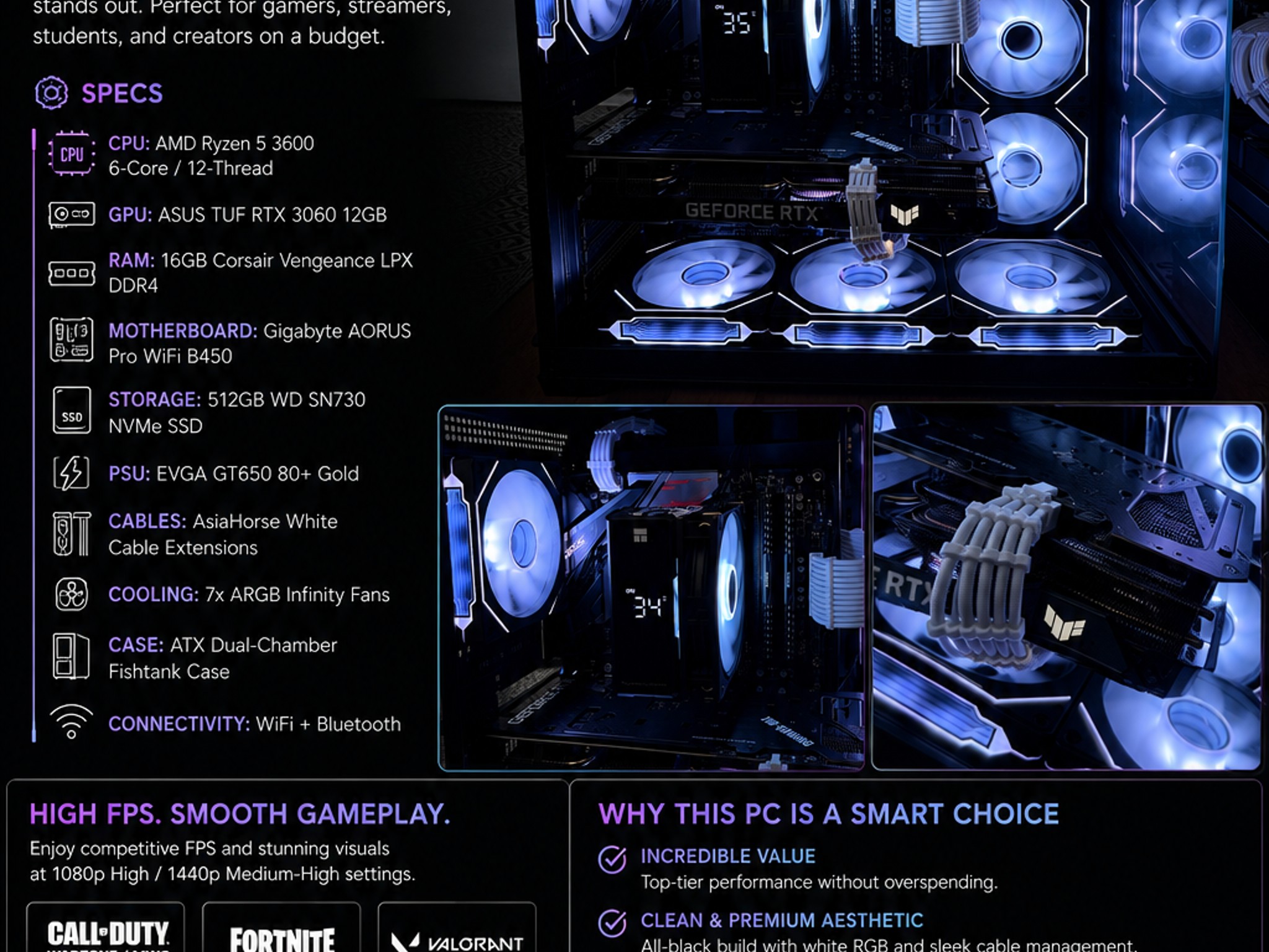 CLEAN RGB GAMING PC Rzyen 5 3600 RTX 3060 12gb