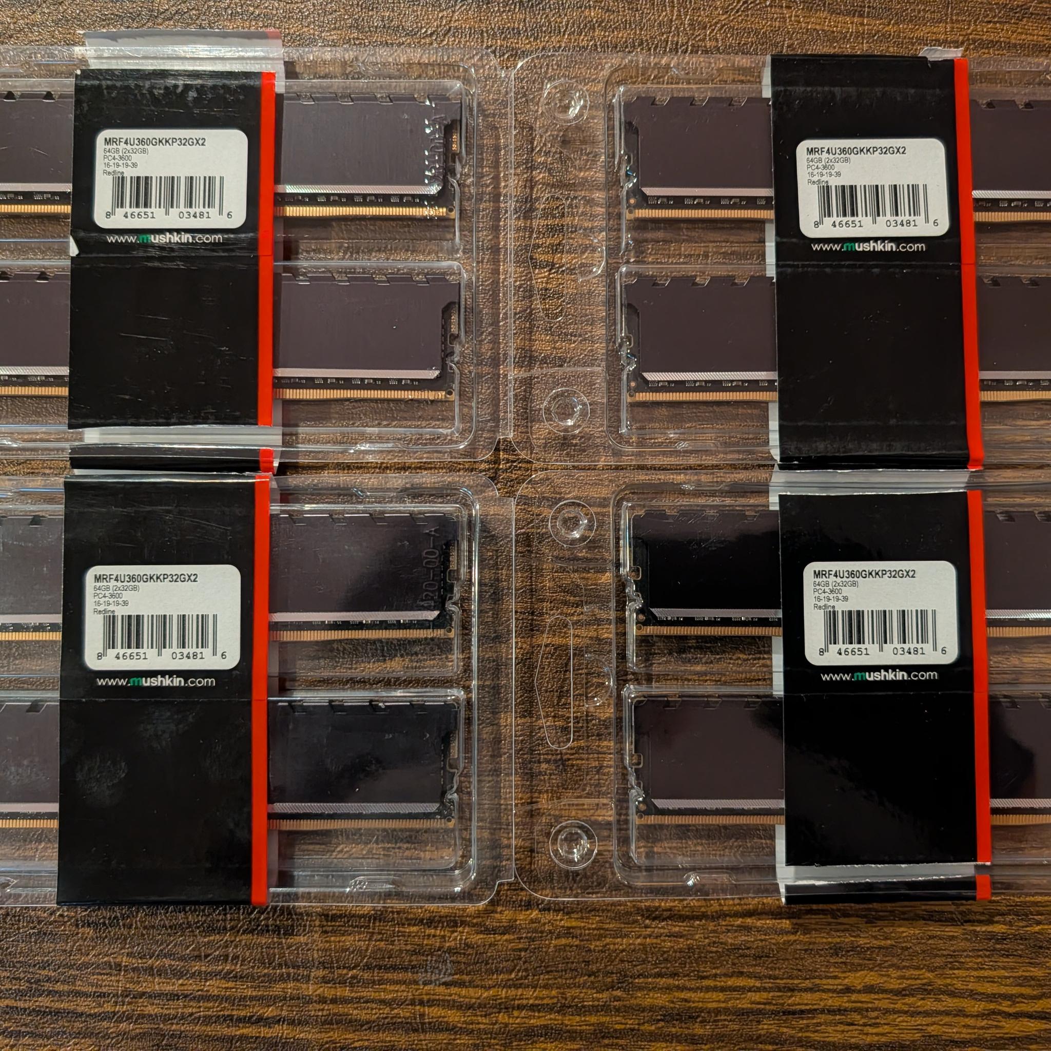 LOT OF (4) Mushkin DDR4 64GB (2 x 32GB) 3600 CL16 Kits - 256GB Total