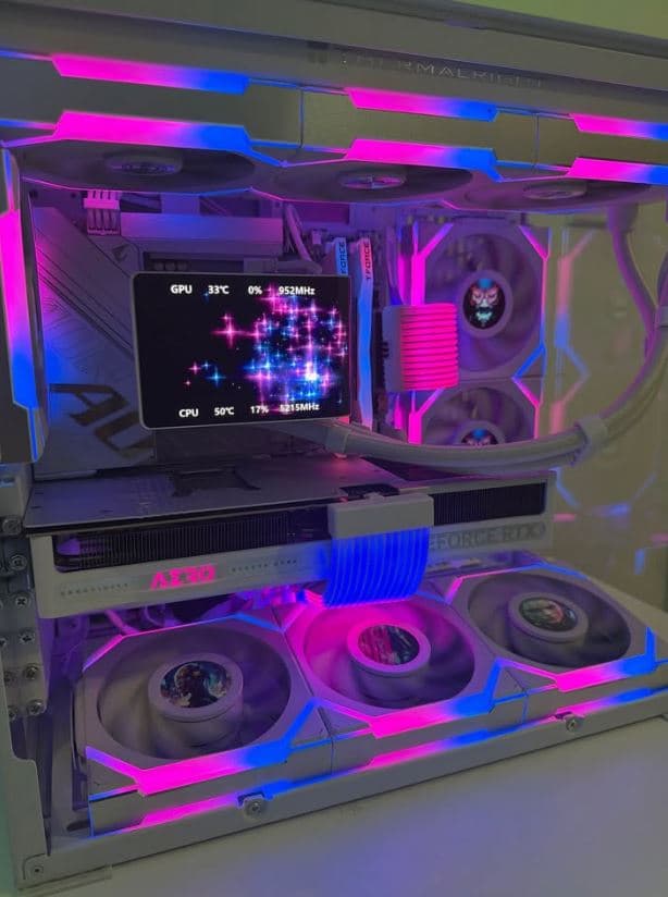 Gaming PC Nvidia RTX 5080, Ryzen 7 9800X3D, Lian Li 011 Mini V2 White, LCD Fans, 3D AIO, 2TB Gen5