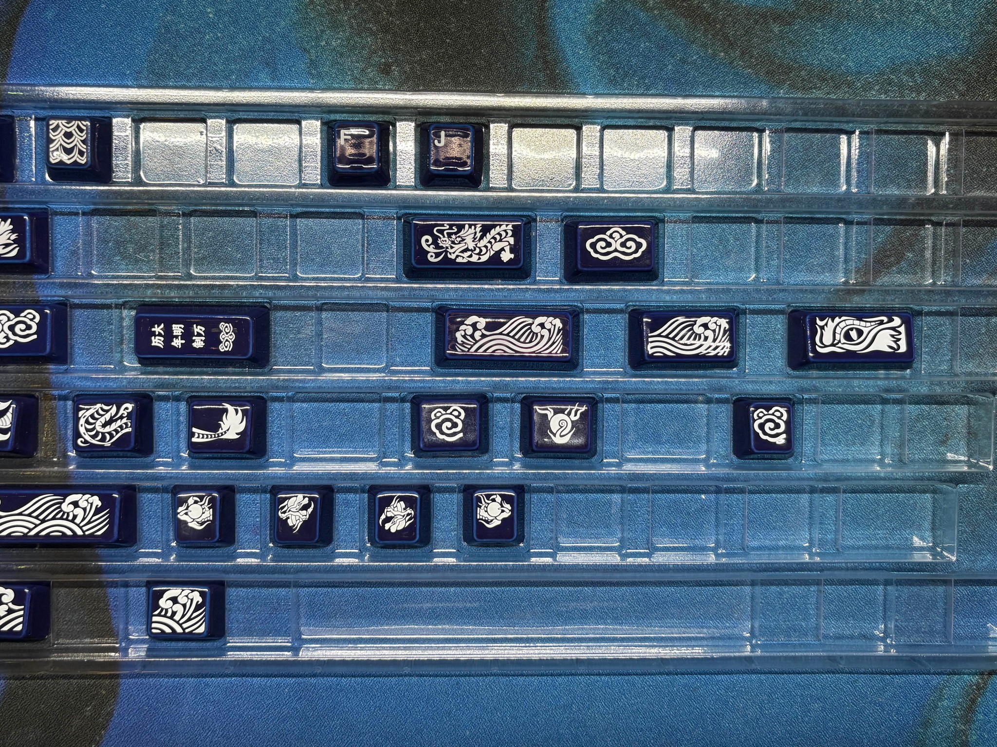 Cerakey Ceramic "Indigo Blue" V2 Keycaps w/ Legends + Dragon Novelty/Tactile F&J