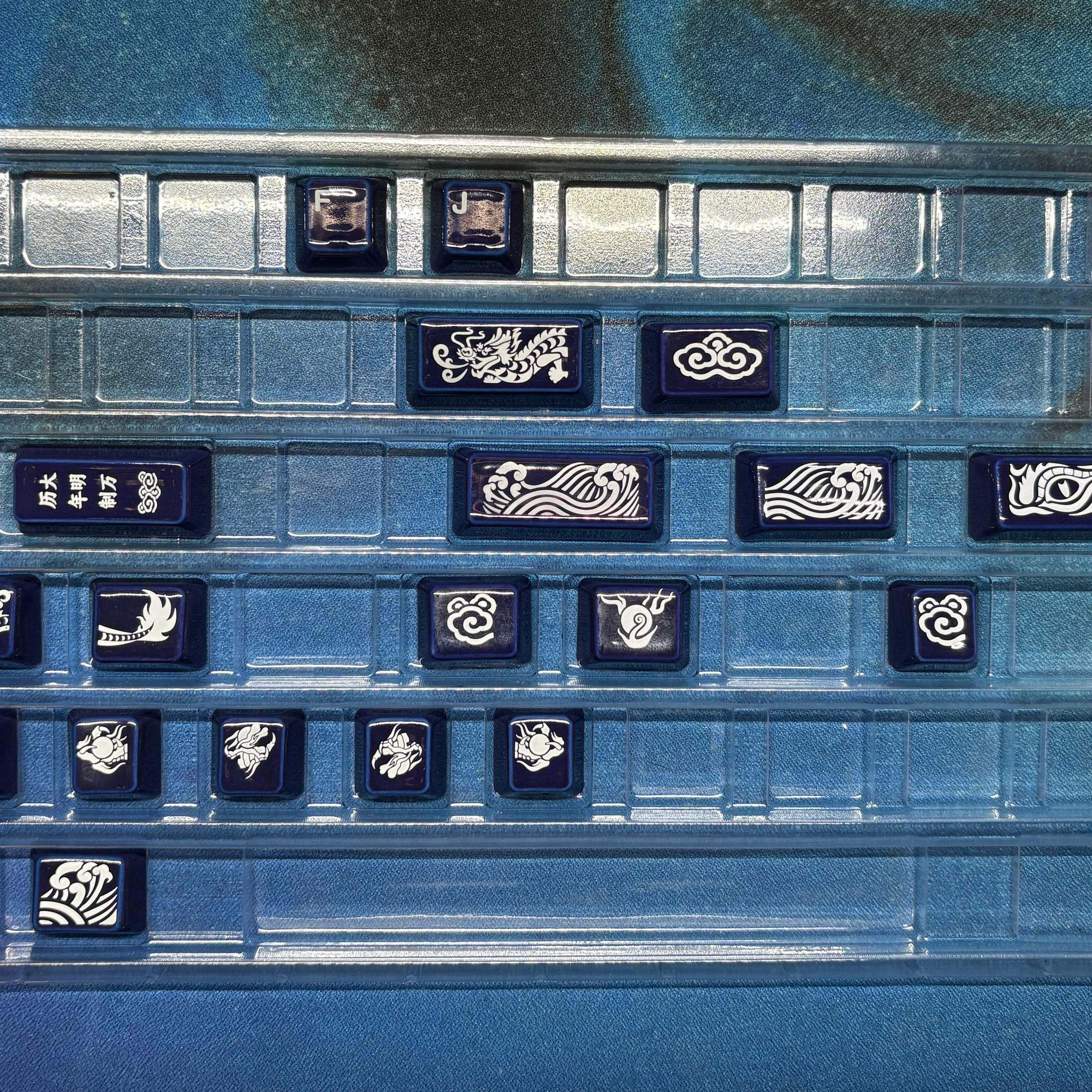 Cerakey Ceramic "Indigo Blue" V2 Keycaps w/ Legends + Dragon Novelty/Tactile F&J
