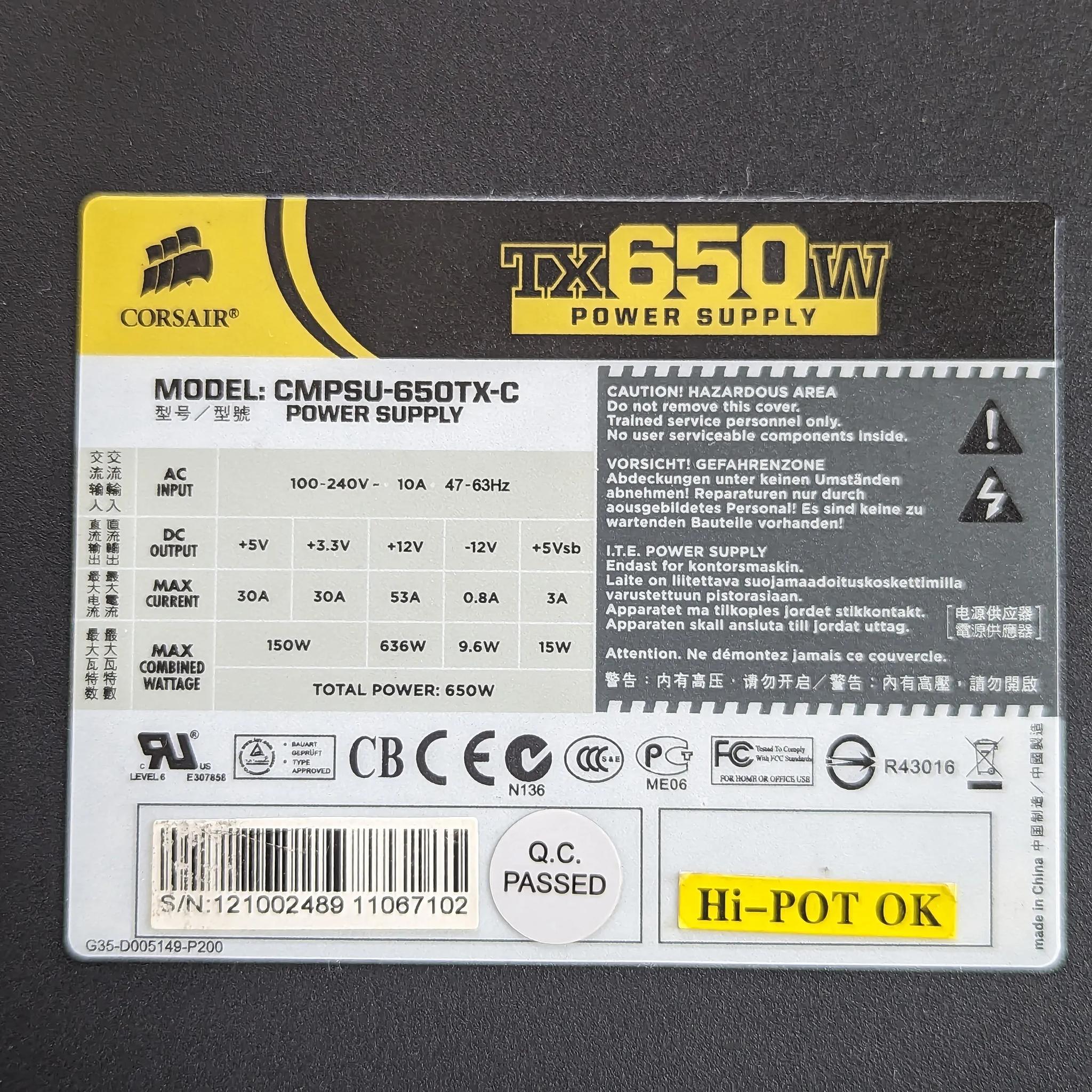 Corsair Enthusiast Series™ TX650w - 80 PLUS® ( Used - Great )