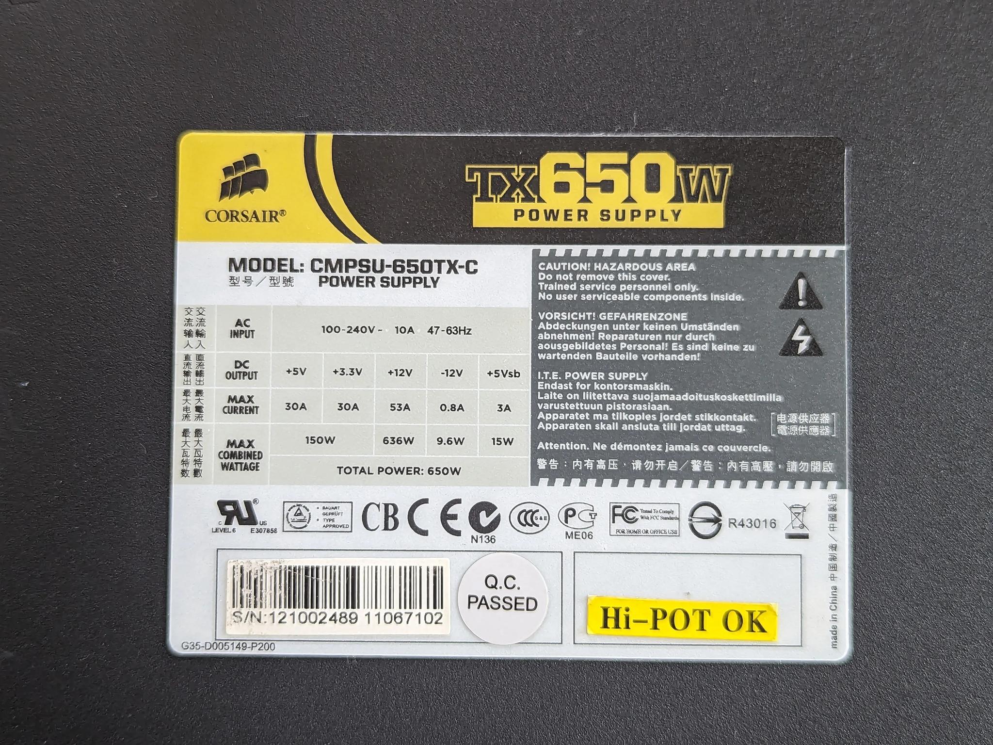 Corsair Enthusiast Series™ TX650w - 80 PLUS® ( Used - Great )