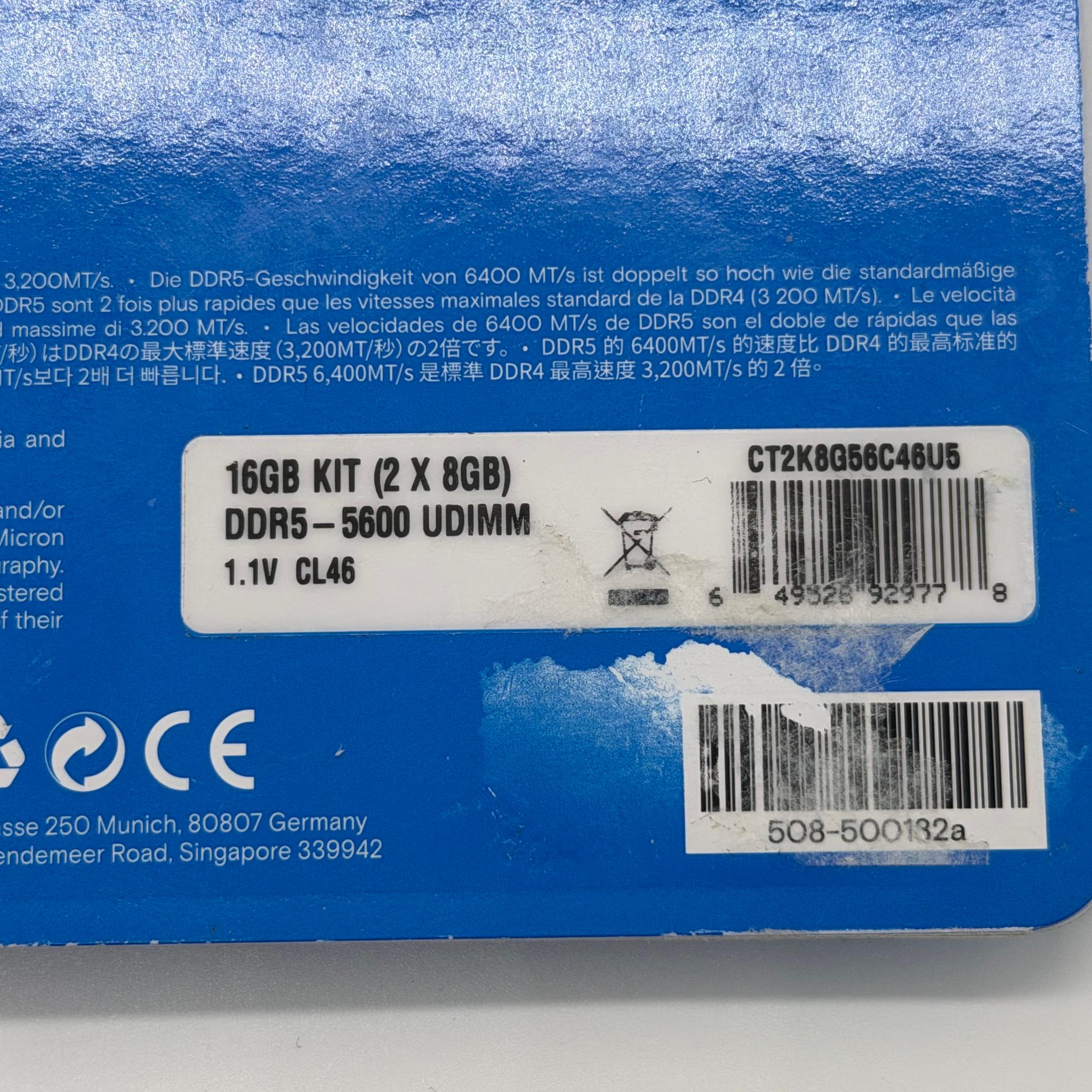 Crucial RAM 16GB Kit (2x8GB) DDR5 5600MHz UDIMM Desktop Memory CT2K8G56C46U5