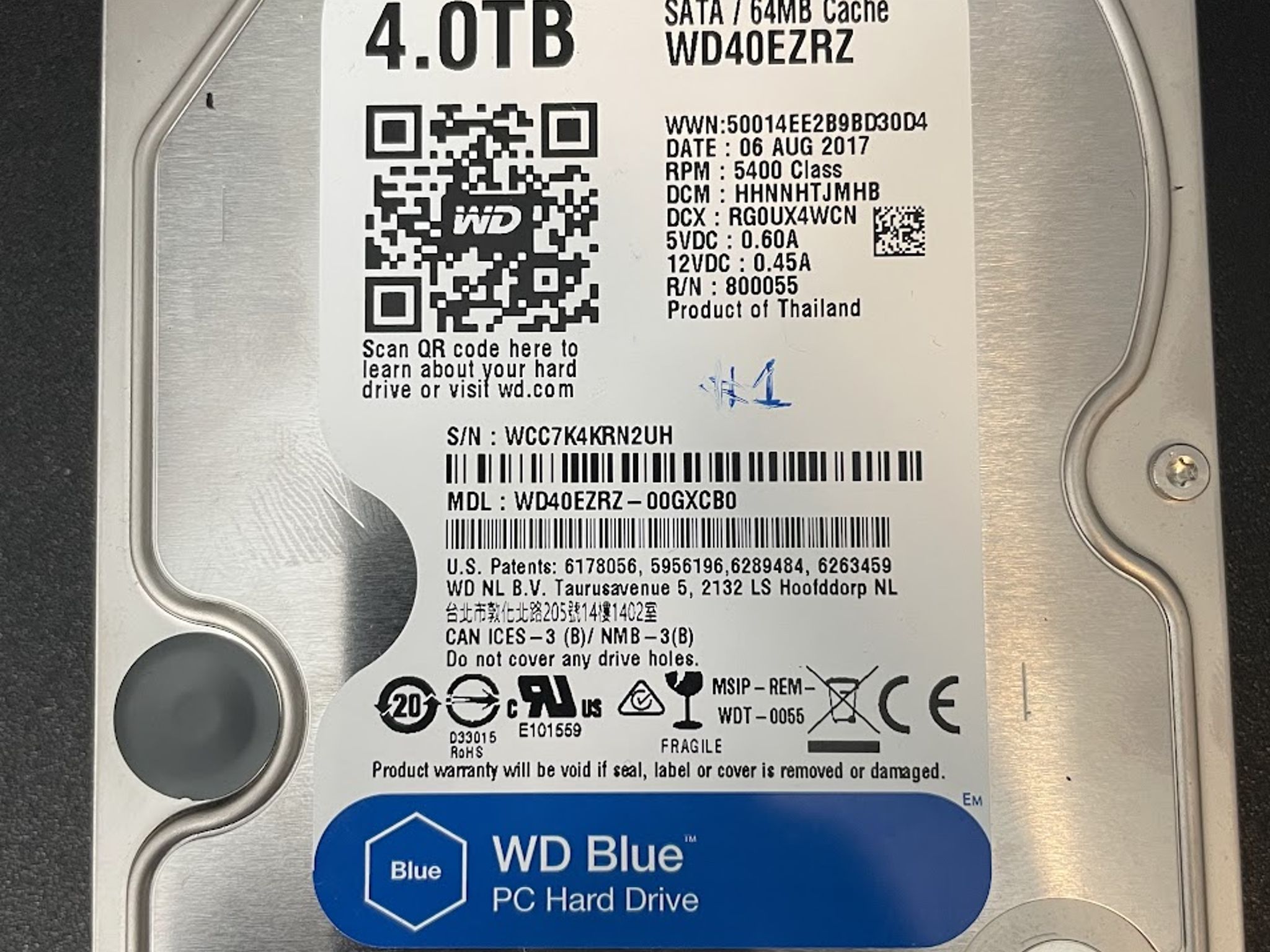 USED - WD Blue 4TB Desktop Hard Disk Drive - 5400 RPM SATA 6Gb/s 64MB Cache 3.5 Inch - WD40EZRZ
