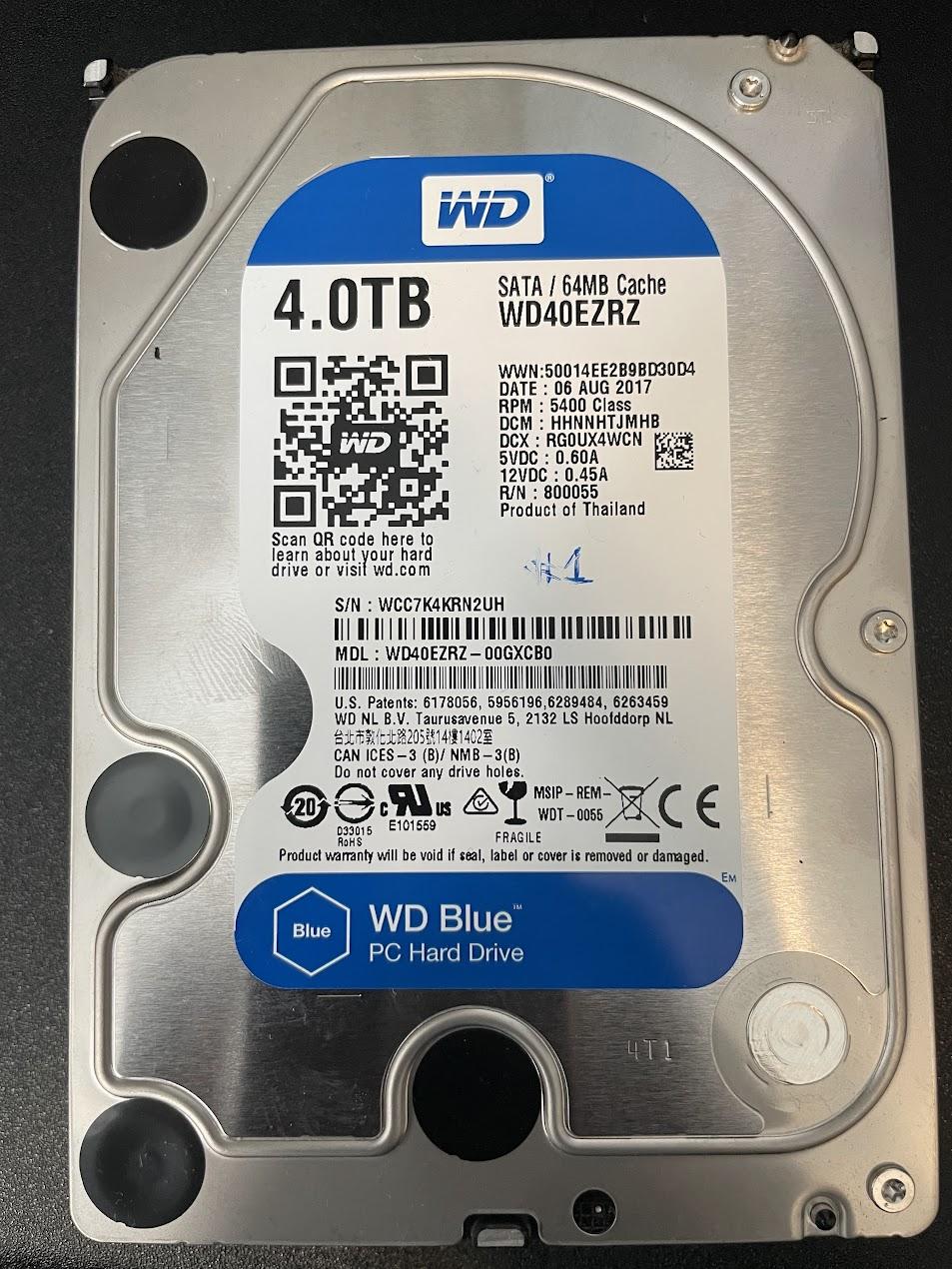 USED - WD Blue 4TB Desktop Hard Disk Drive - 5400 RPM SATA 6Gb/s 64MB Cache 3.5 Inch - WD40EZRZ